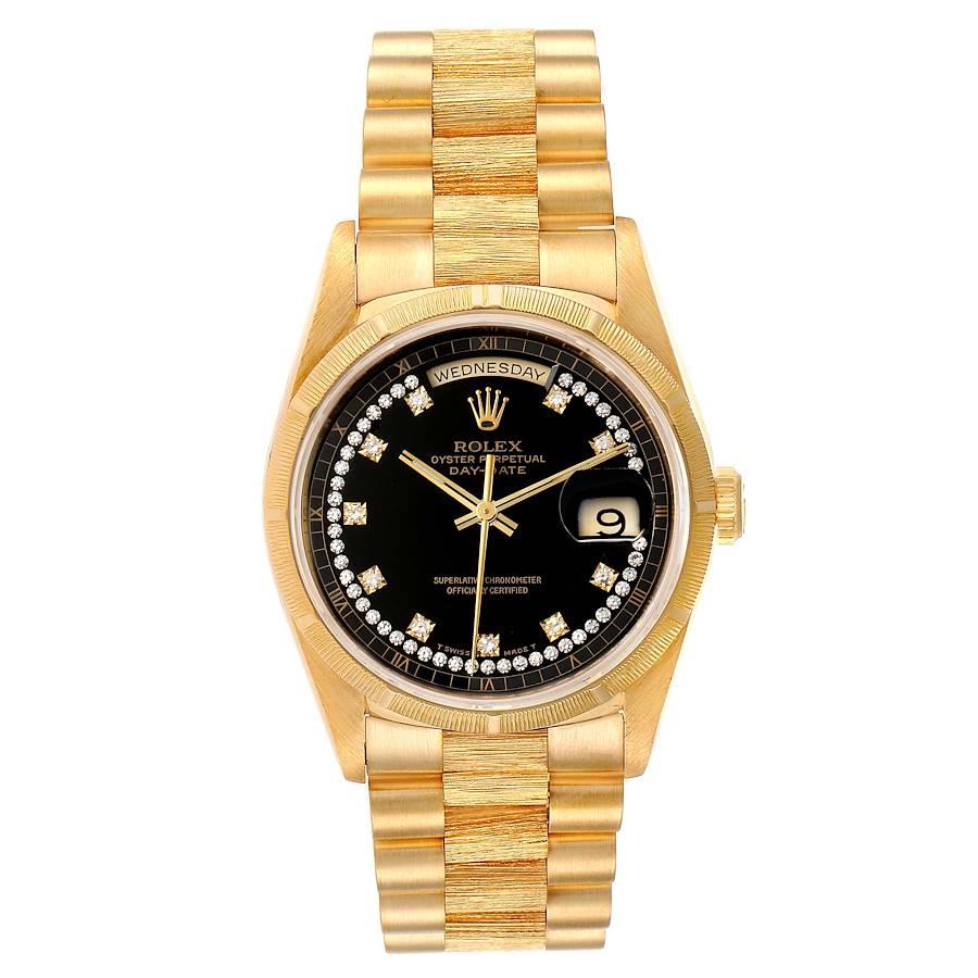 Rolex President Day-Date Yellow Gold Bark Diamond Dial Mens Watch 18248. Officially certified chronometer self-winding movement. 18k yellow gold oyster case 36.0 mm in diameter. Rolex logo on a crown. 18k yellow gold bark finish bezel. Scratch