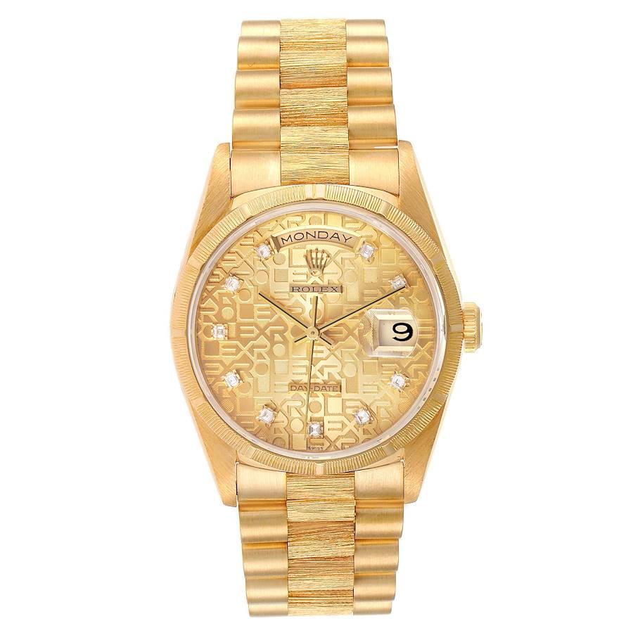 Rolex President Day-Date Yellow Gold Bark Diamond Dial Mens Watch 18248. Officially certified chronometer self-winding movement. 18k yellow gold oyster case 36.0 mm in diameter.  Rolex logo on a crown. 18k yellow gold bark finish bezel. Scratch