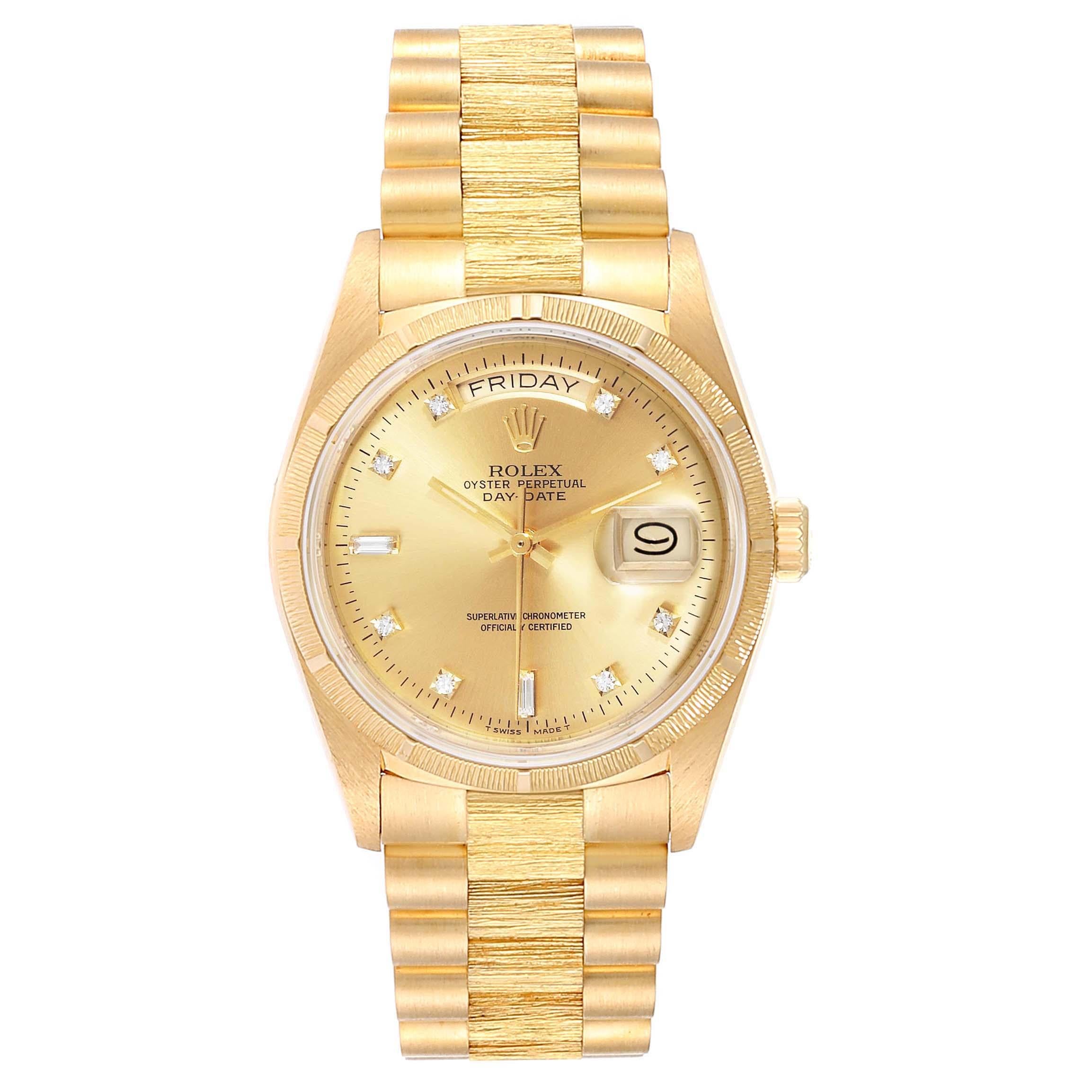 Rolex President Day-Date Yellow Gold Bark Finish Diamond Mens Watch 18078. Officially certified chronometer self-winding movement. 18k yellow gold oyster case 36.0 mm in diameter. Rolex logo on a crown. 18k yellow gold bark finish bezel. Scratch