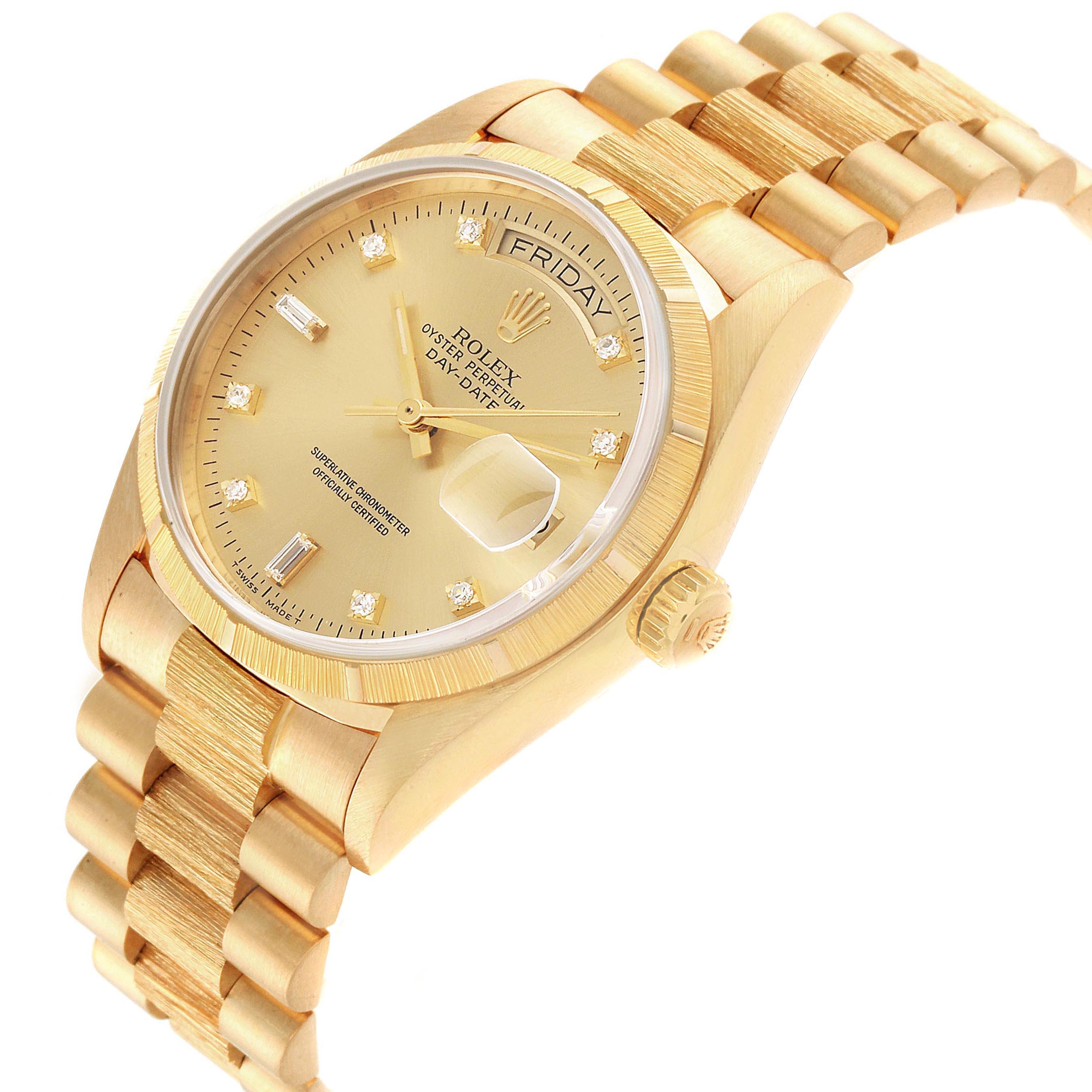 Rolex President Day-Date Yellow Gold Bark Finish Diamond Men's Watch 18078 In Excellent Condition For Sale In Atlanta, GA