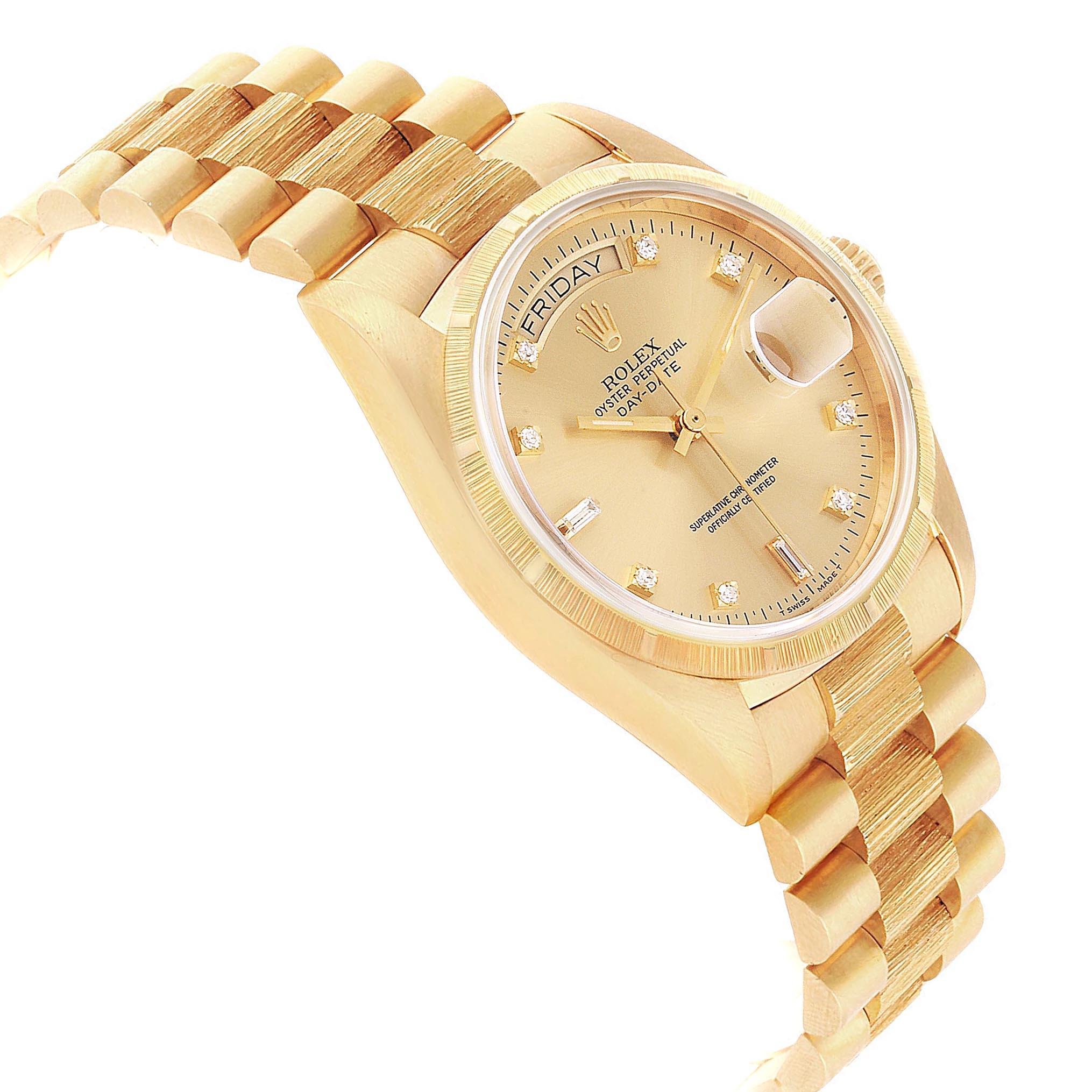 Rolex President Day-Date Yellow Gold Bark Finish Diamond Men's Watch 18078 For Sale 1