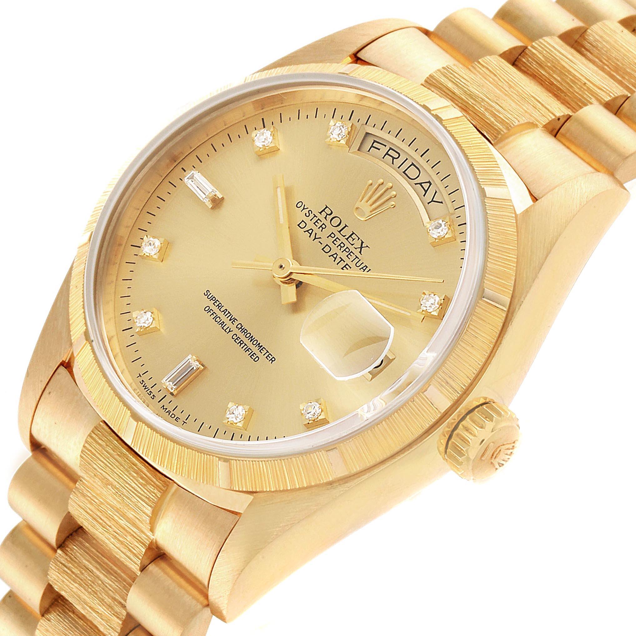 Rolex President Day-Date Yellow Gold Bark Finish Diamond Men's Watch 18078 For Sale 2