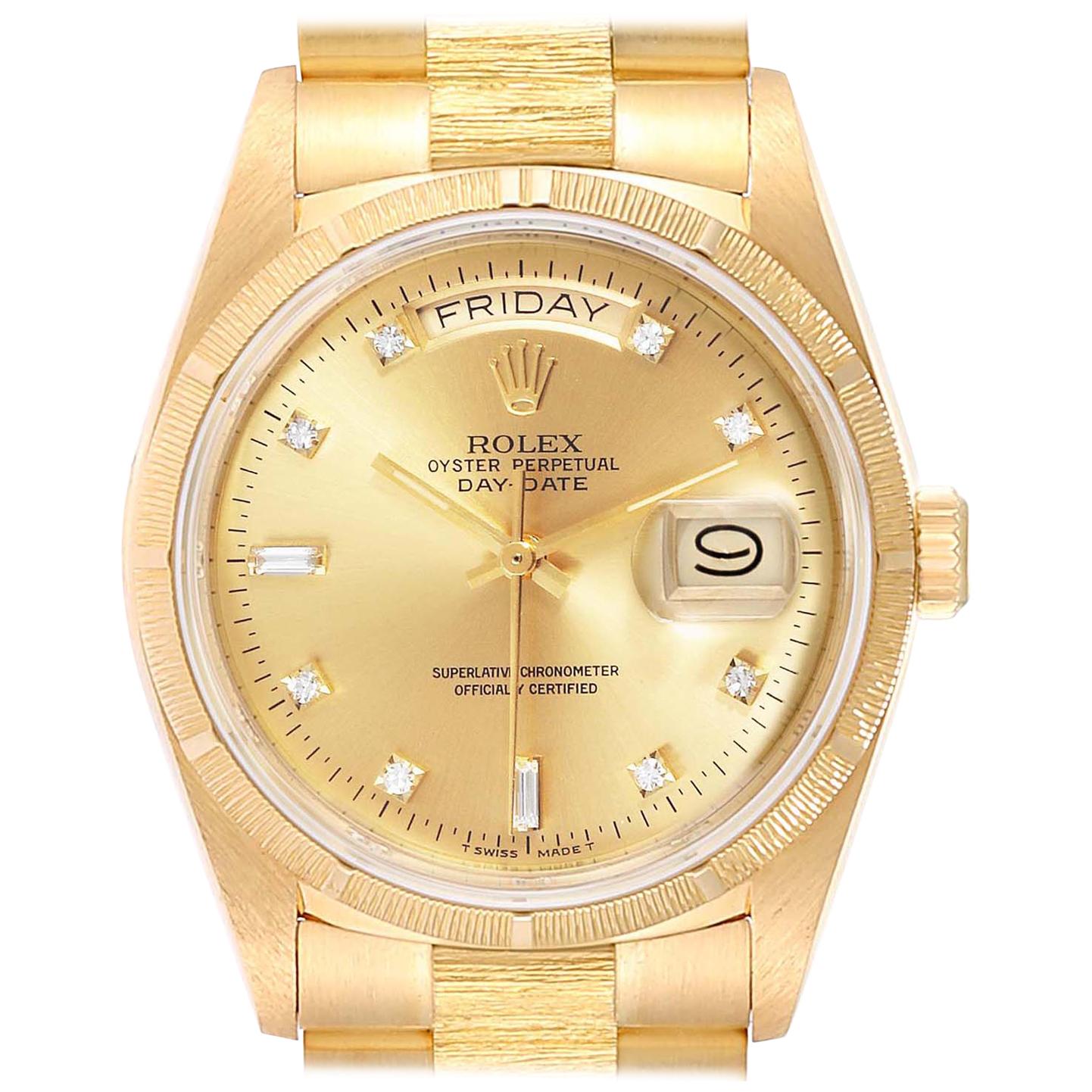 Rolex President Day-Date Yellow Gold Bark Finish Diamond Men's Watch 18078 For Sale