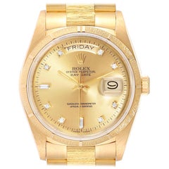 Rolex President Day-Date Yellow Gold Bark Finish Diamond Men's Watch 18078