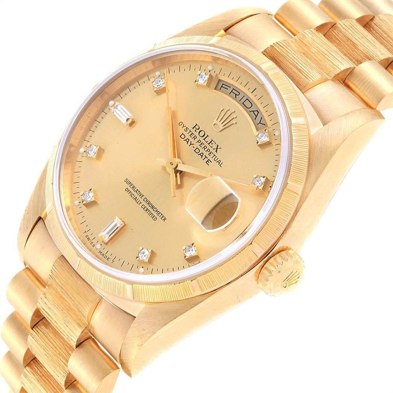 Rolex President DayDate Yellow Gold Bark Finish Diamond Men's Watch