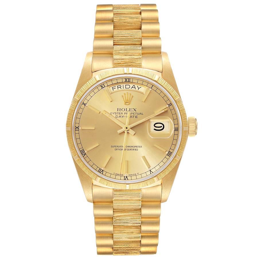 Rolex President Day-Date Yellow Gold Bark Finish Mens Watch 18078. Officially certified chronometer self-winding movement with quickset date function. 18k yellow gold oyster case 36.0 mm in diameter. Rolex logo on a crown. 18k yellow gold bark