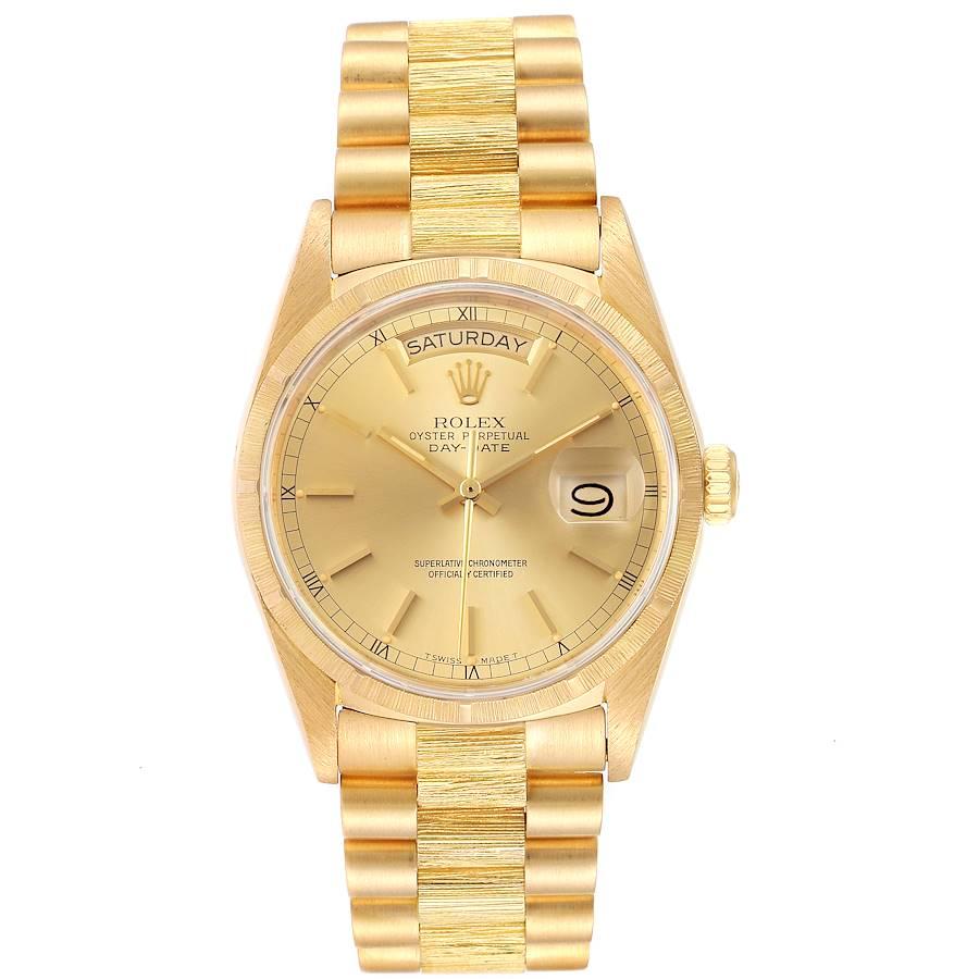 Rolex President Day-Date Yellow Gold Bark Finish Mens Watch 18078 Papers. Officially certified chronometer self-winding movement with quickset date function. 18k yellow gold oyster case 36.0 mm in diameter. Rolex logo on a crown. 18k yellow gold