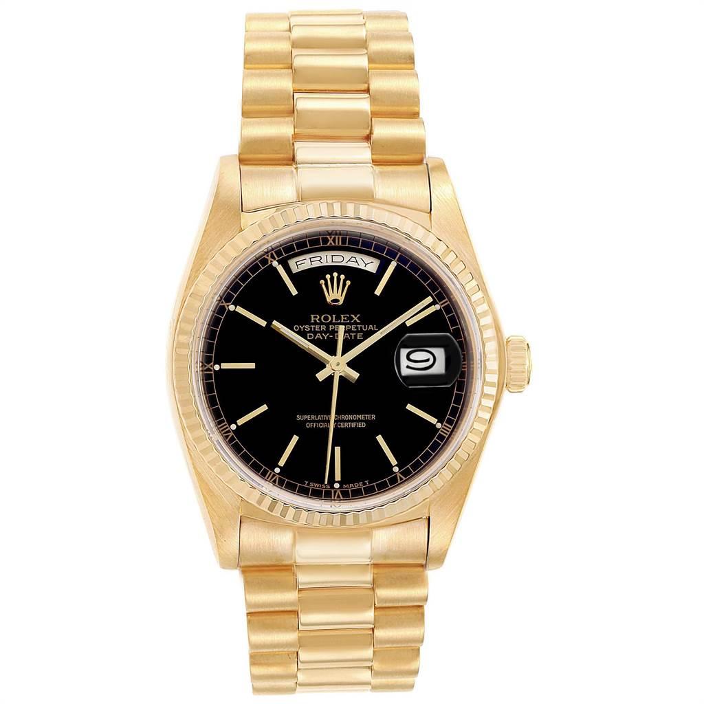 Rolex President Day-Date Yellow Gold Black Dial Men’s Watch 18038 In Excellent Condition In Atlanta, GA