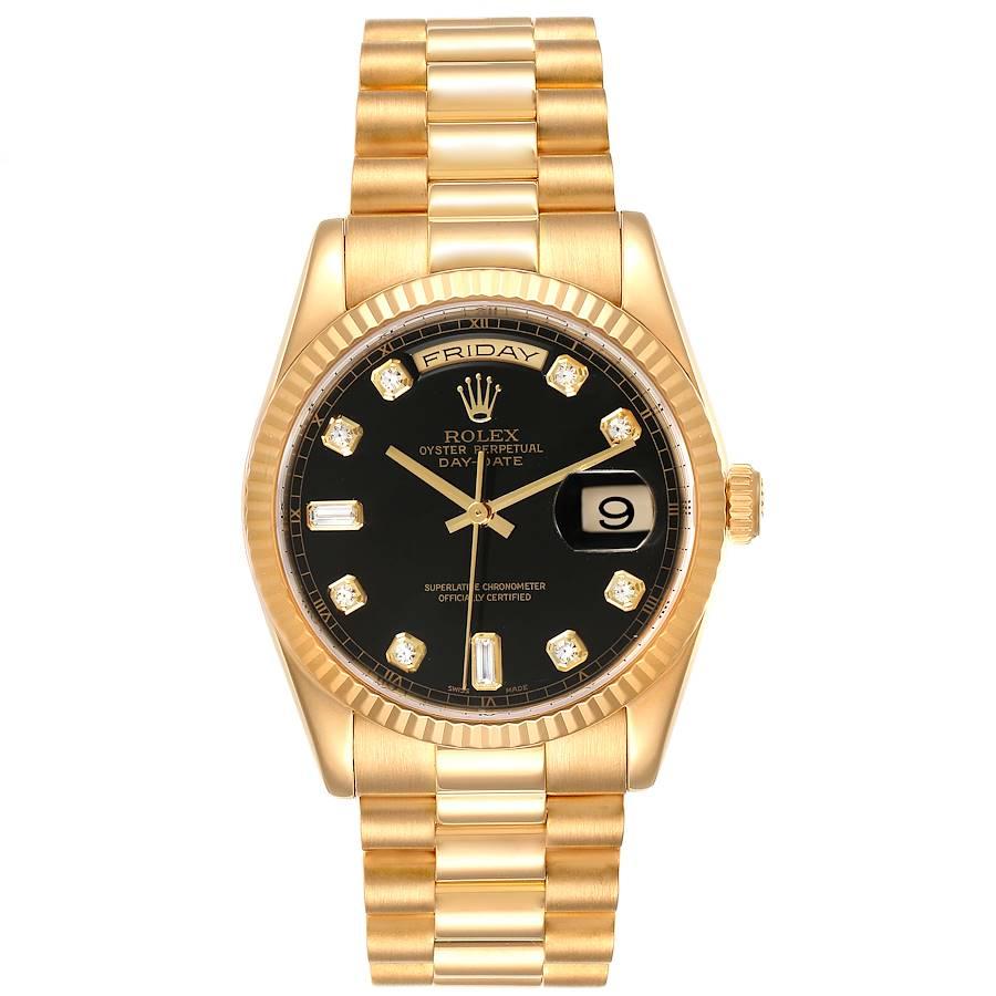 Rolex President Day Date Yellow Gold Black Diamond Dial Mens Watch 118238. Officially certified chronometer self-winding movement. 18k yellow gold oyster case 36.0 mm in diameter. Rolex logo on a crown. 18K yellow gold fluted bezel. Scratch
