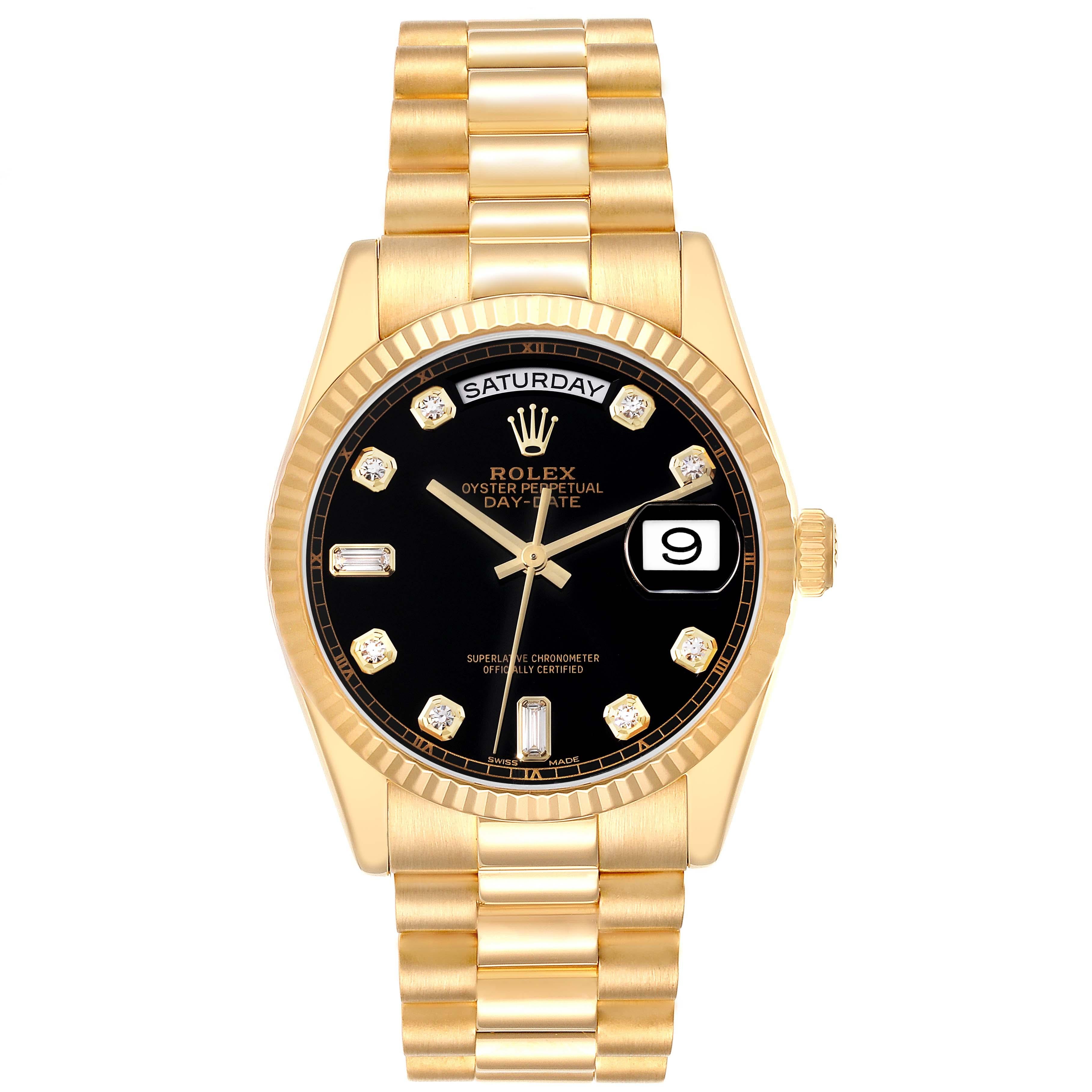 Rolex President Day Date Yellow Gold Black Diamond Dial Mens Watch 118238. Officially certified chronometer automatic self-winding movement. 18k yellow gold oyster case 36.0 mm in diameter. Rolex logo on a crown. 18K yellow gold fluted bezel.