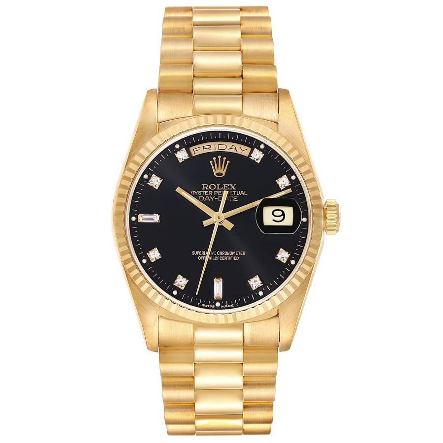 Rolex President Day-Date Yellow Gold Black Diamond Dial Mens Watch 18238. Officially certified chronometer self-winding movement. 18k yellow gold oyster case 36.0 mm in diameter. Rolex logo on a crown. 18K yellow gold fluted bezel. Scratch resistant
