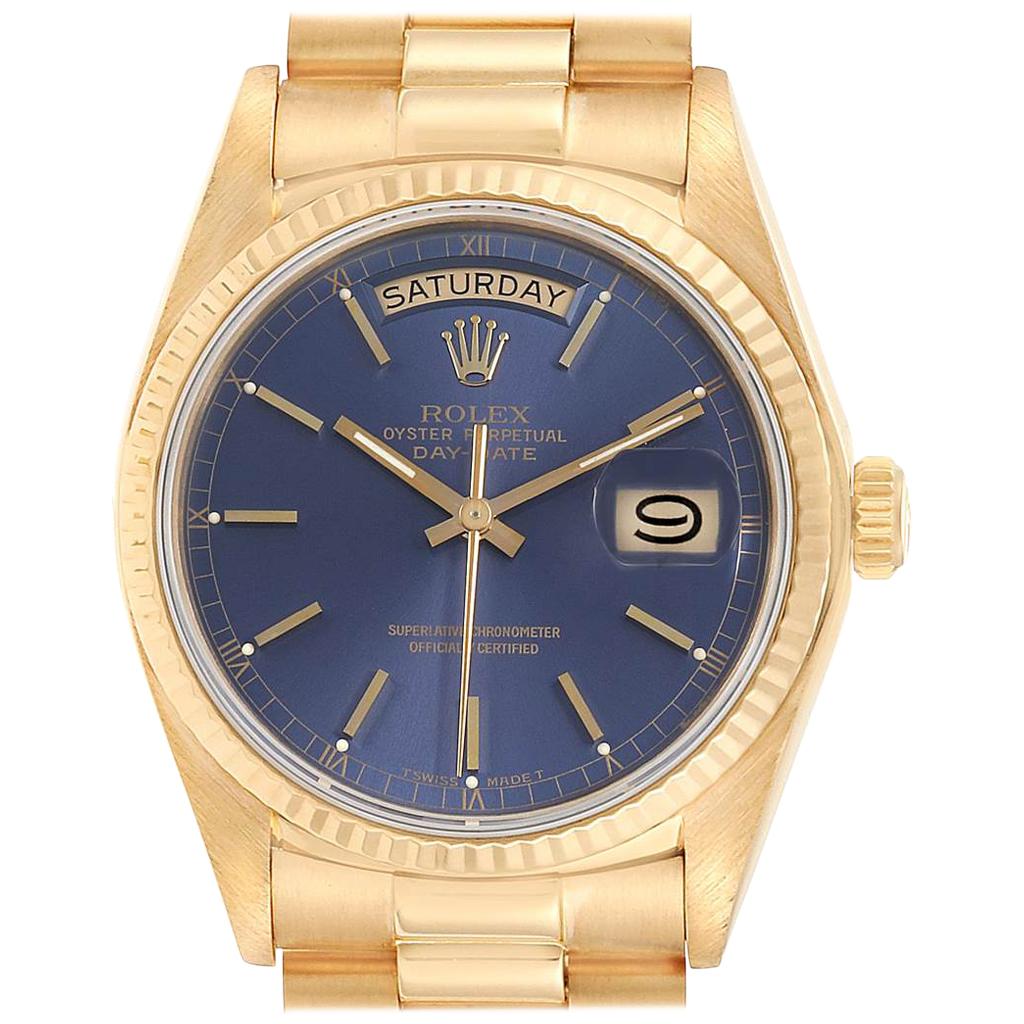 Rolex President Day-Date Yellow Gold Blue Dial Men's Watch 18038