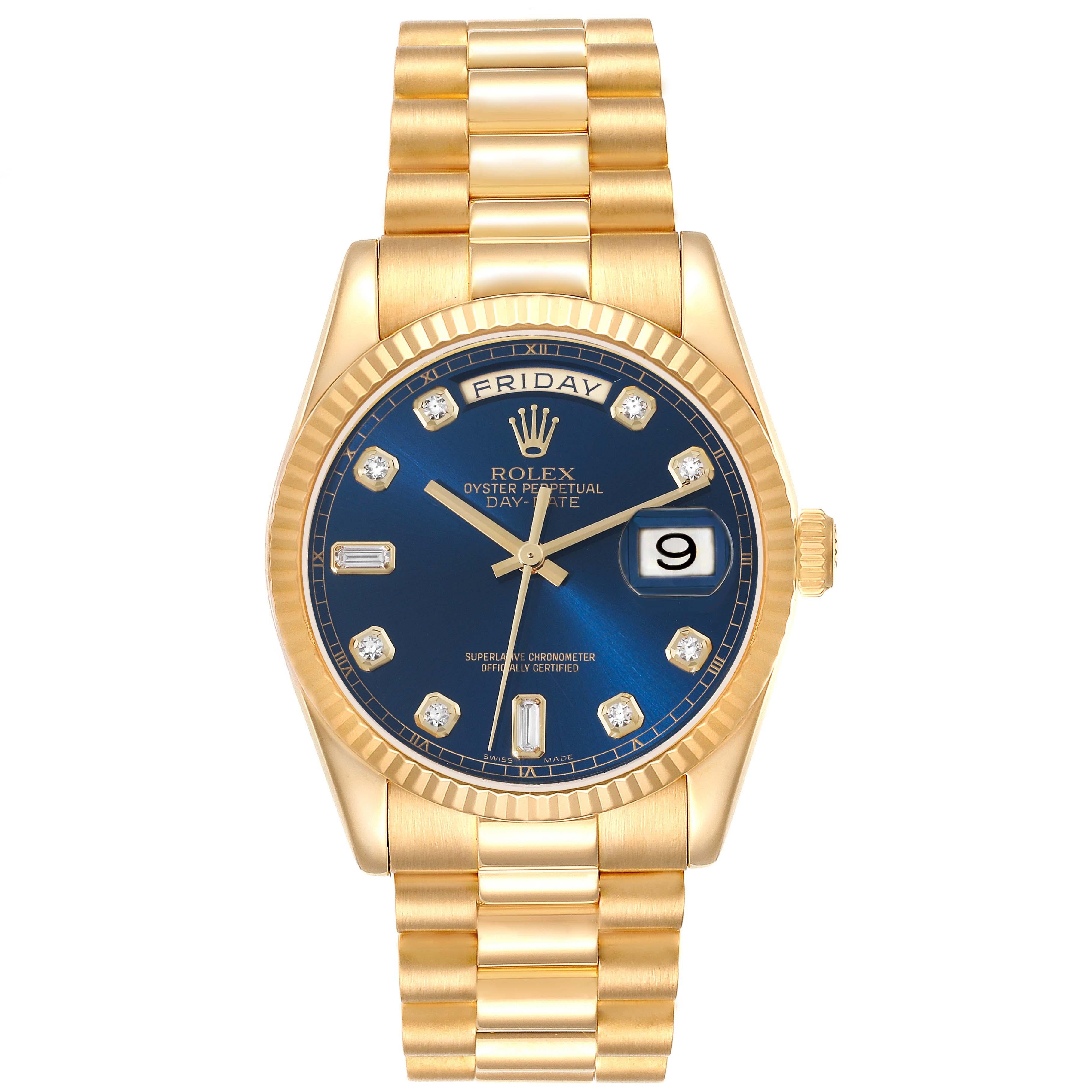 Rolex President Day Date Yellow Gold Blue Diamond Dial Mens Watch 118238. Officially certified chronometer automatic self-winding movement. 18k yellow gold oyster case 36.0 mm in diameter. Rolex logo on a crown. 18K yellow gold fluted bezel. Scratch