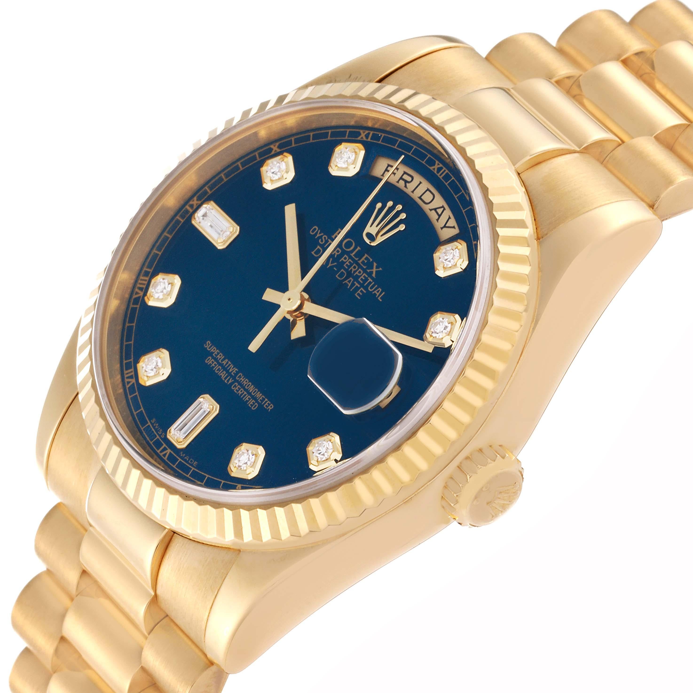 Rolex President Day Date Yellow Gold Blue Diamond Dial Mens Watch 118238 For Sale 2
