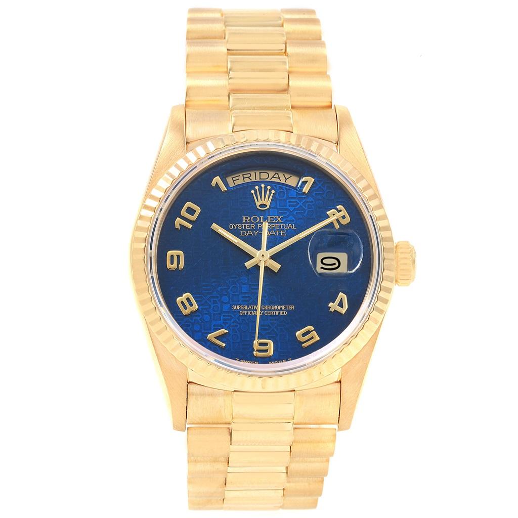 Rolex President Day-Date Yellow Gold Blue Jubilee Dial Mens Watch 18238. Officially certified chronometer self-winding movement. double quick set function. 18k yellow gold oyster case 36.0 mm in diameter. Rolex logo on a crown. 18K yellow gold