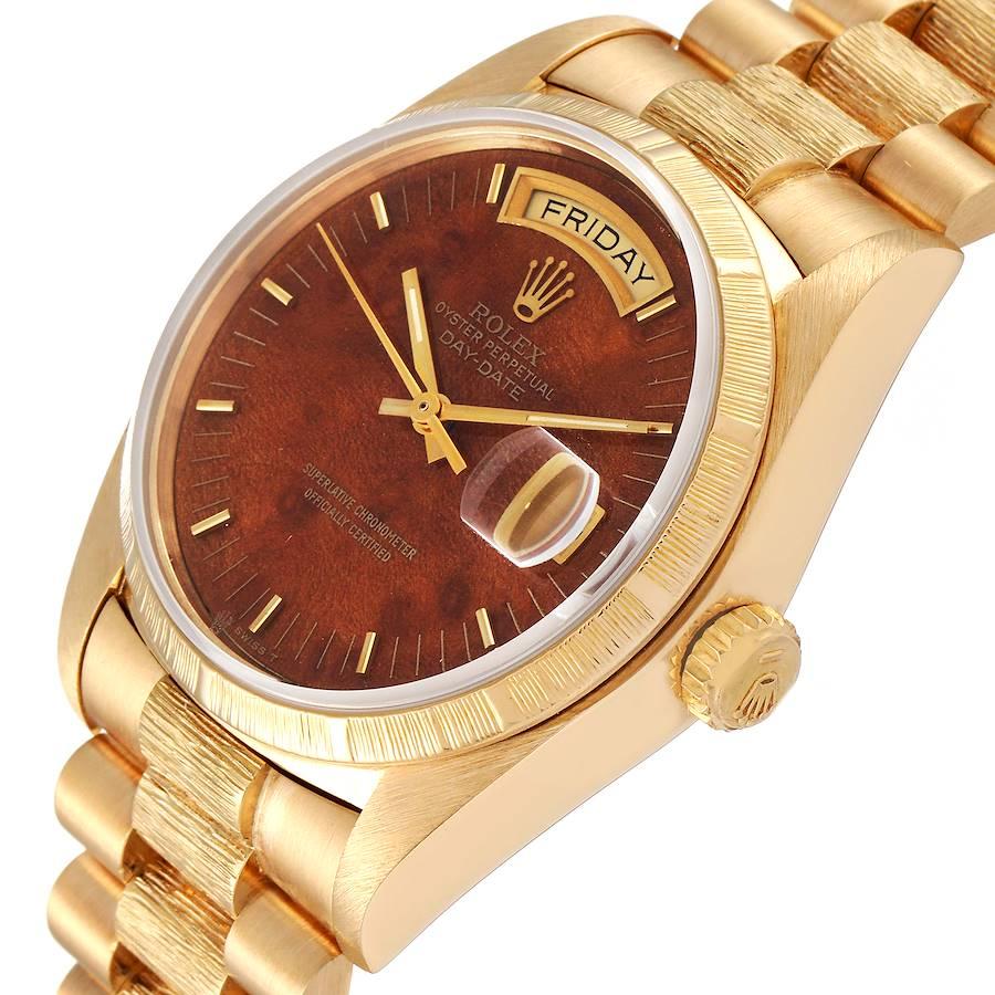 Rolex President Day-Date Herrenuhr aus Gelbgold mit Wurzelholz-Zifferblatt 18038 im Angebot 2