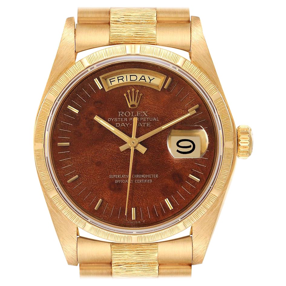 Rolex President Day-Date Herrenuhr aus Gelbgold mit Wurzelholz-Zifferblatt 18038 im Angebot