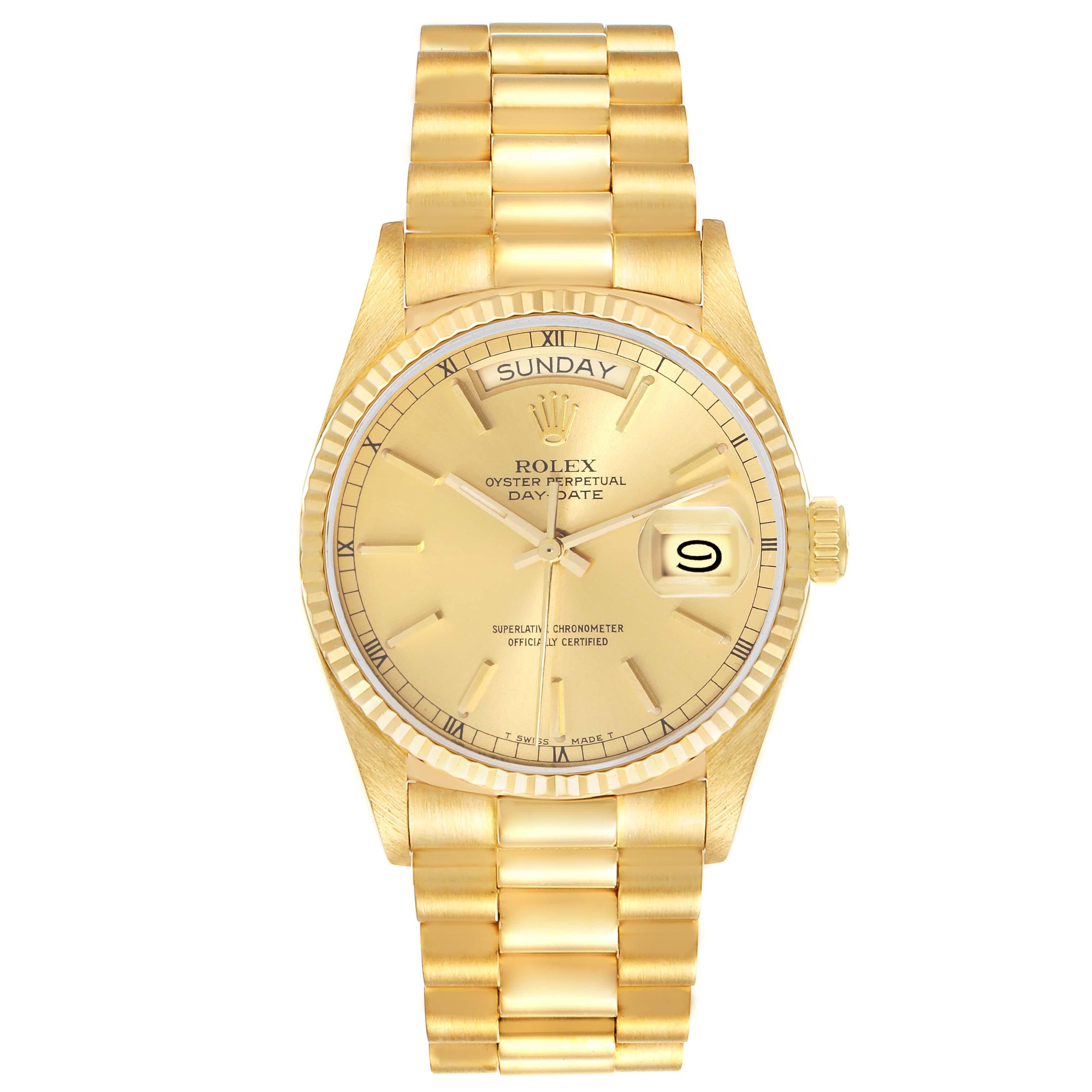 Rolex President Day-Date Yellow Gold Champagne Dial Mens Watch 18038 Box Papers. Officially certified chronometer automatic self-winding movement. 18k yellow gold oyster case 36.0 mm in diameter.  Rolex logo on a crown. 18k yellow gold fluted bezel.