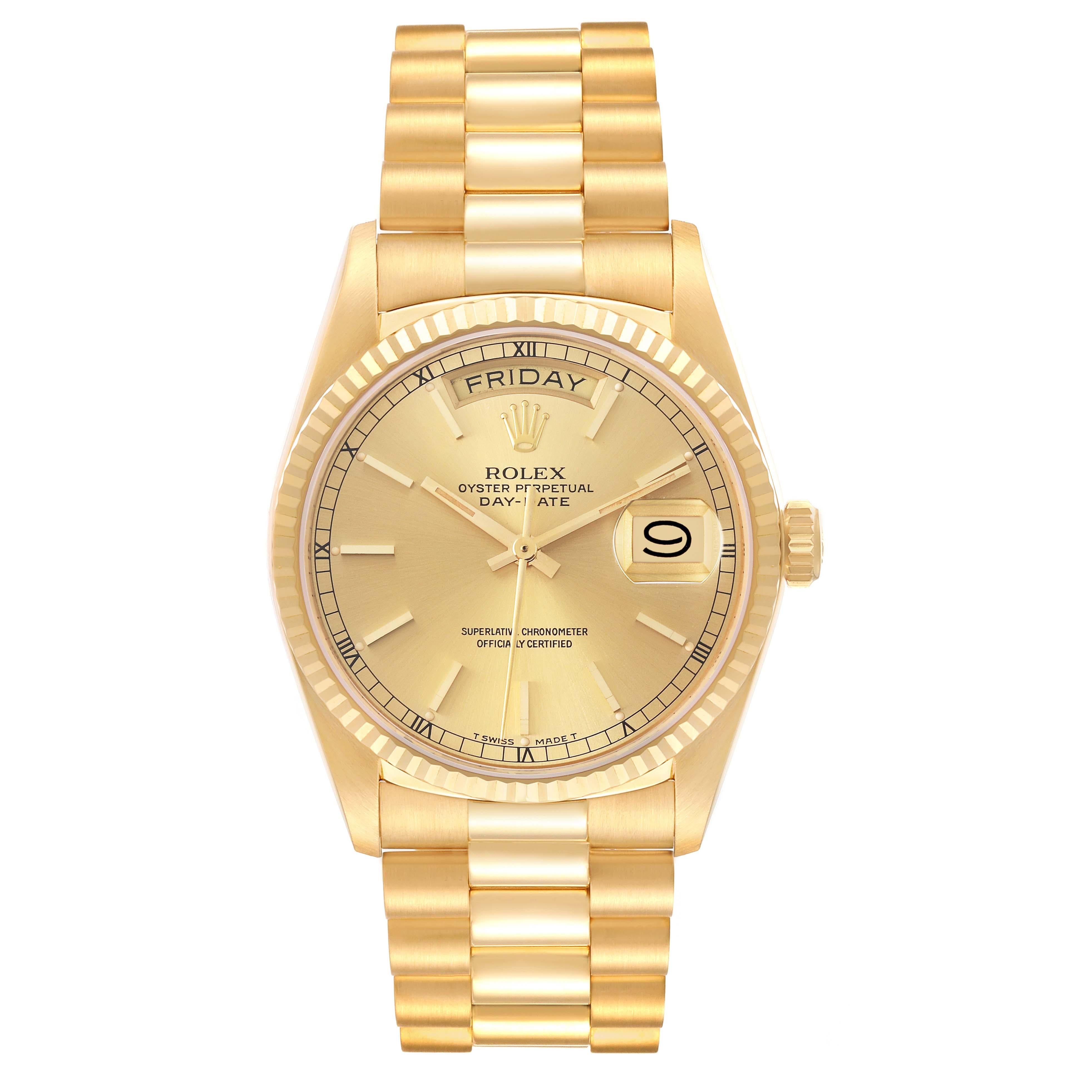 Rolex President Day-Date Yellow Gold Champagne Dial Mens Watch 18038. Officially certified chronometer self-winding movement. 18k yellow gold oyster case 36.0 mm in diameter.  Rolex logo on a crown. 18k yellow gold fluted bezel. Scratch resistant