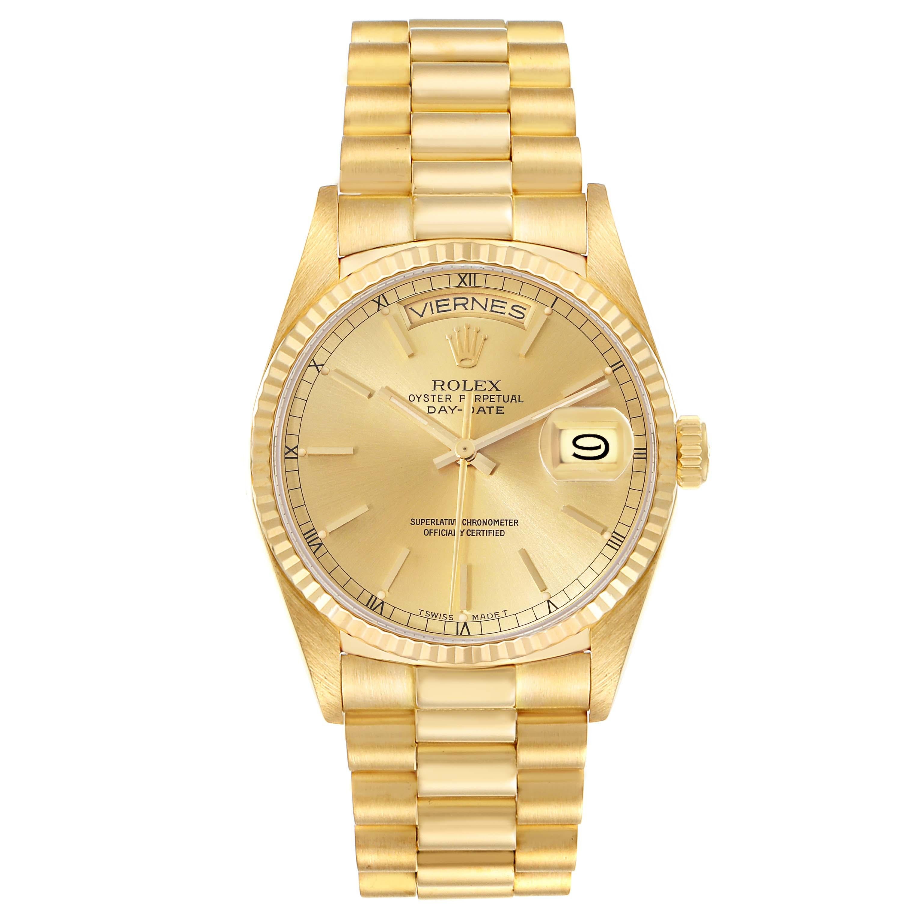 Rolex President Day-Date Yellow Gold Champagne Dial Mens Watch 18038. Officially certified chronometer automatic self-winding movement. 18k yellow gold oyster case 36.0 mm in diameter.  Rolex logo on a crown. 18k yellow gold fluted bezel. Scratch