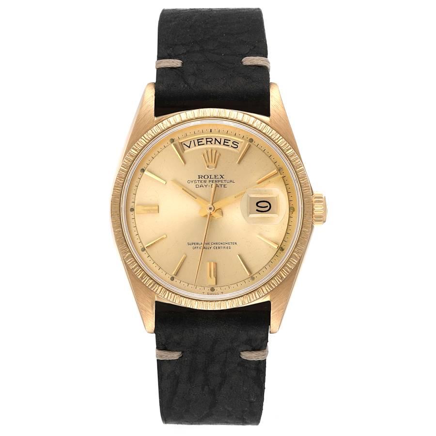 Rolex President Day-Date Yellow Gold Champagne Dial Mens Watch 1807. Officially certified chronometer self-winding movement. 18k yellow gold oyster case 36.0 mm in diameter. Rolex logo on a crown. 18k yellow gold bark finish bezel. Acrylic crystal