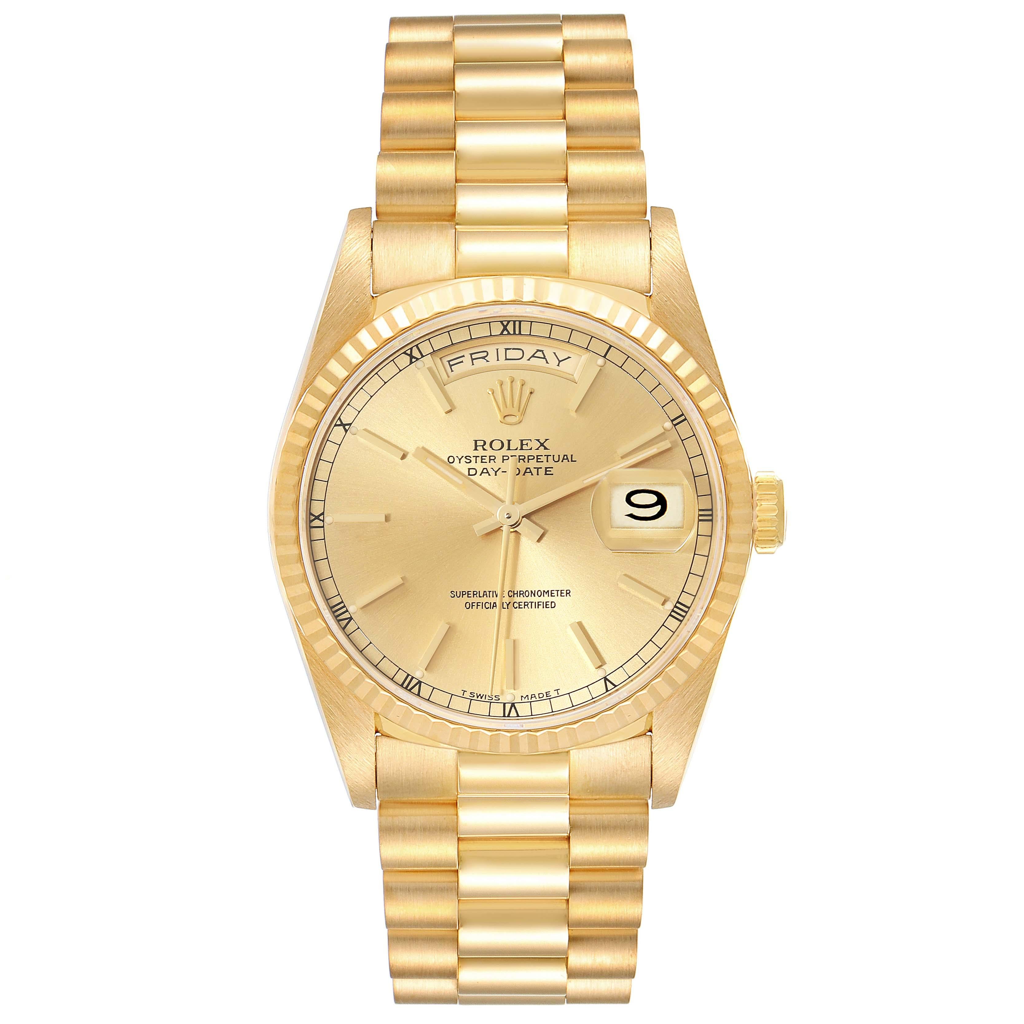 Rolex President Day-Date Yellow Gold Champagne Dial Mens Watch 18238. Officially certified chronometer automatic self-winding movement. 18k yellow gold oyster case 36.0 mm in diameter.  Rolex logo on the crown. 18K yellow gold fluted bezel. Scratch