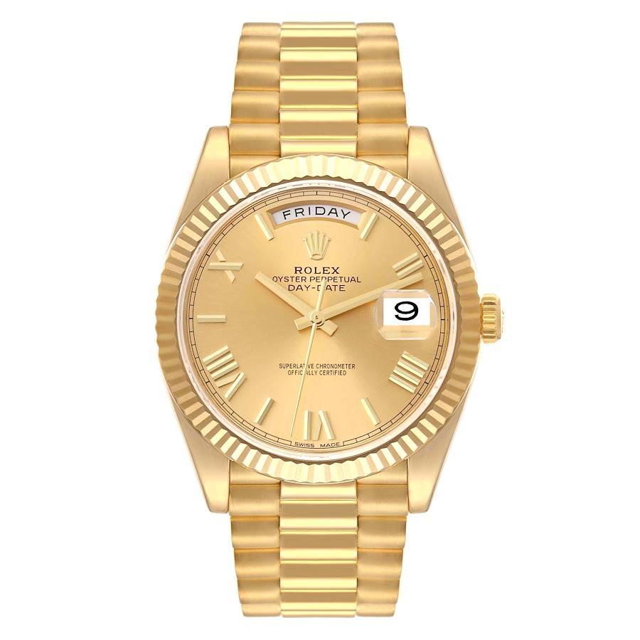 Rolex President Day-Date Yellow Gold Champagne Dial Mens Watch 228238 Box Card. Officially certified chronometer self-winding movement. Double quick set function. 18k yellow gold oyster case 40.0 mm in diameter.  Rolex logo on a crown. 18K yellow