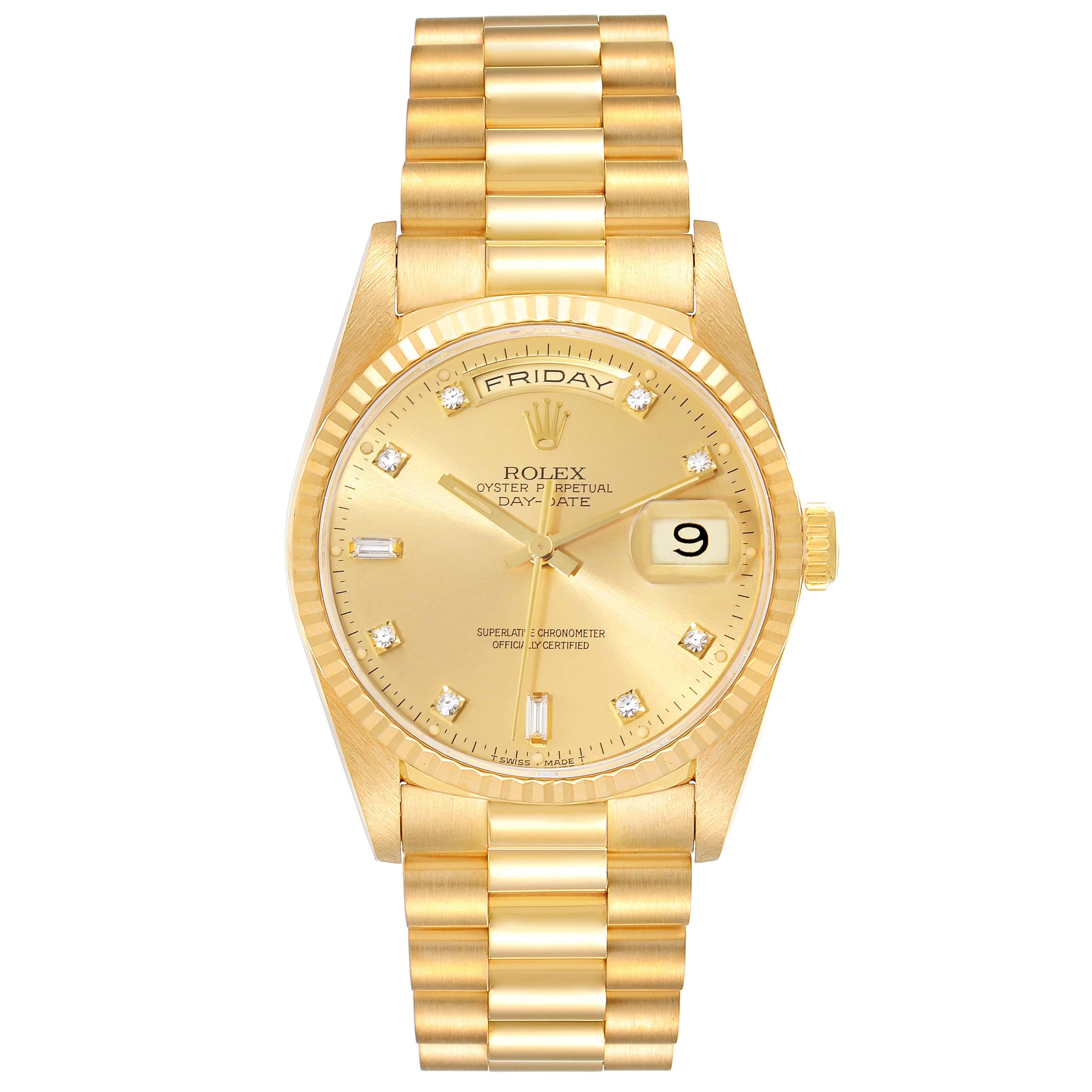 Rolex President Day-Date Yellow Gold Champagne Diamond Dial Mens Watch 18238. Officially certified chronometer automatic self-winding movement. 18k yellow gold oyster case 36.0 mm in diameter. Rolex logo on the crown. 18k yellow gold fluted bezel.