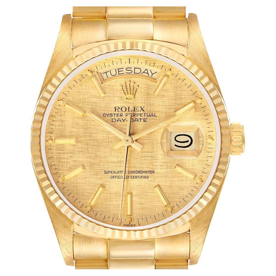 Rolex President Day-Date Yellow Gold Champagne Linen Dial Watch 18038 Papers For Sale