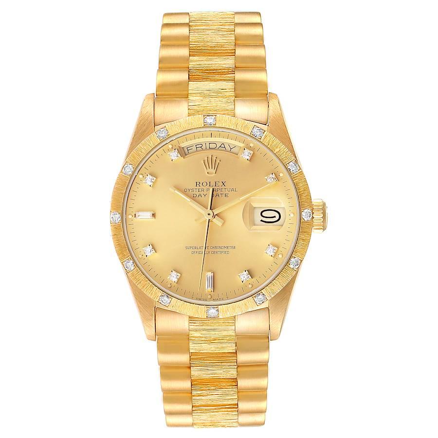 Rolex President Day Date Yellow Gold Diamond Bark Finish Mens Watch 18108. Officially certified chronometer self-winding movement with quickset date function. 18k yellow gold oyster case 36.0 mm in diameter. Rolex logo on the crown. 18k yellow gold