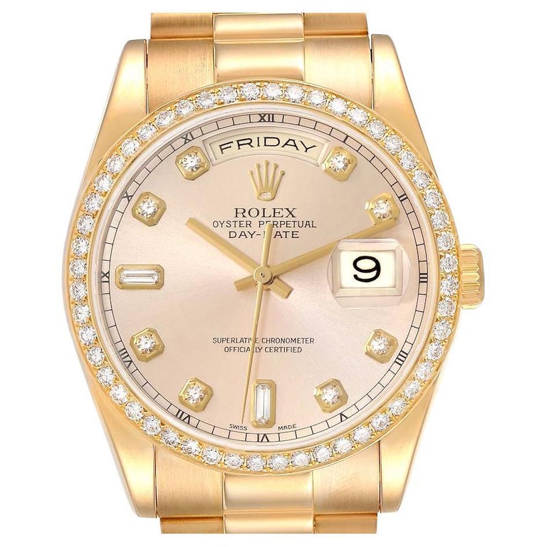 Rolex President Day-Date Yellow Gold Diamond Bezel Mens Watch 118348 ...