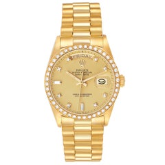 Rolex President Day-Date Yellow Gold Diamond Bezel Mens Watch 18048