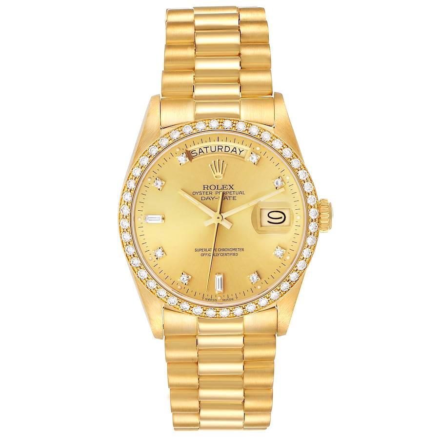 Rolex President Day-Date Gelbgold-Diamant-Lünette  Uhr 18048. Offiziell zertifiziertes Chronometerwerk mit automatischem Aufzug. Doppelte Schnellverstellung. Oyster-Gehäuse aus 18 Karat Gelbgold mit einem Durchmesser von 36,0 mm. Rolex Logo auf