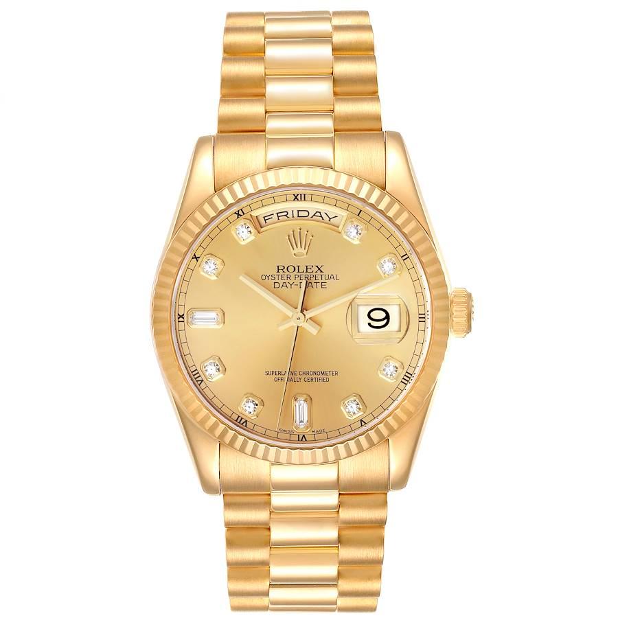 Rolex Präsident Day-Date Gelbgold Diamant-Zifferblatt Herrenuhr 118238 Box Papiere. Offiziell zertifiziertes Chronometerwerk mit automatischem Aufzug. Doppelte Schnellverstellfunktion. oyster-Gehäuse aus 18 Karat Gelbgold mit einem Durchmesser von