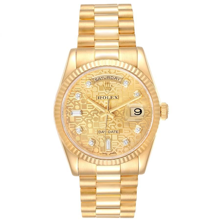 Rolex President Day-Date Yellow Gold Diamond Dial Mens Watch 118238. Officially certified chronometer self-winding movement. Double quick set function. 18k yellow gold oyster case 36.0 mm in diameter. Rolex logo on a crown. 18K yellow gold fluted