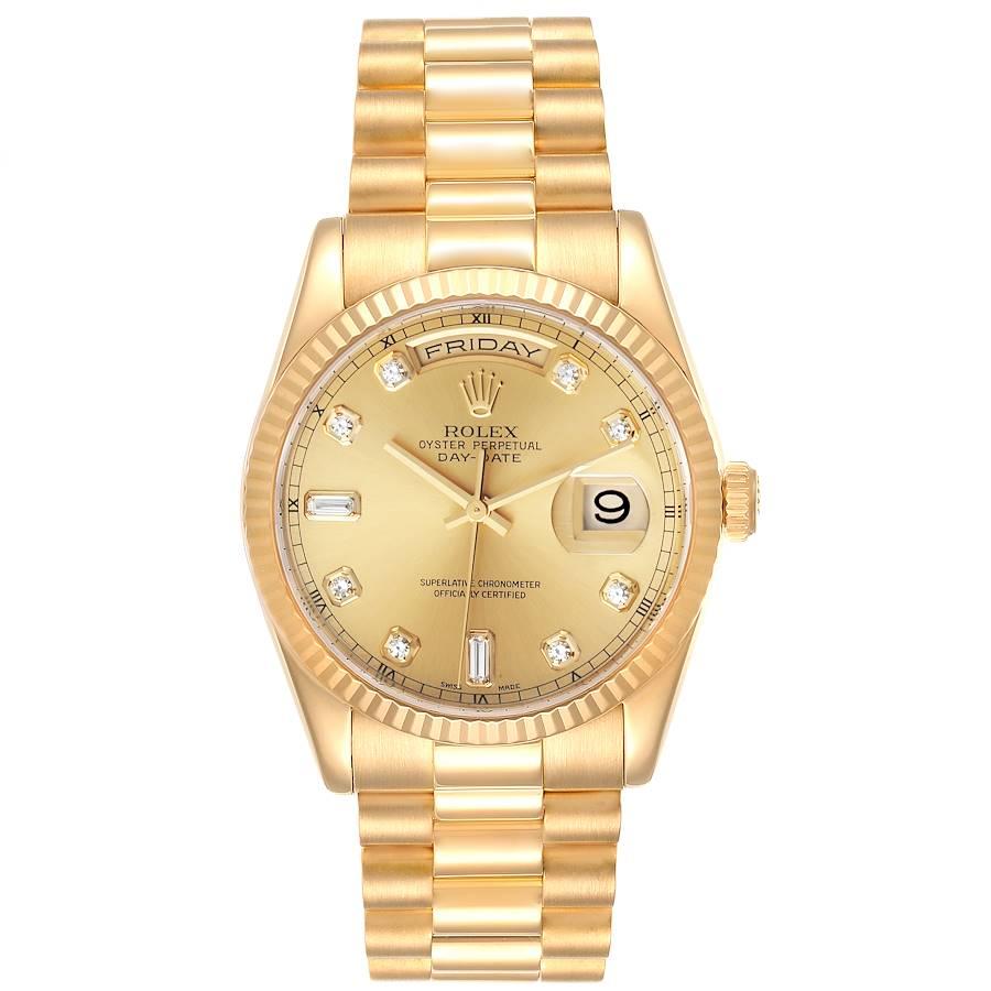 Rolex President Day-Date Yellow Gold Diamond Dial Mens Watch 118238. Officially certified chronometer self-winding movement. Double quick set function. 3155. 18K yellow gold fluted bezel. Scratch resistant sapphire crystal with Cyclops magnifier.