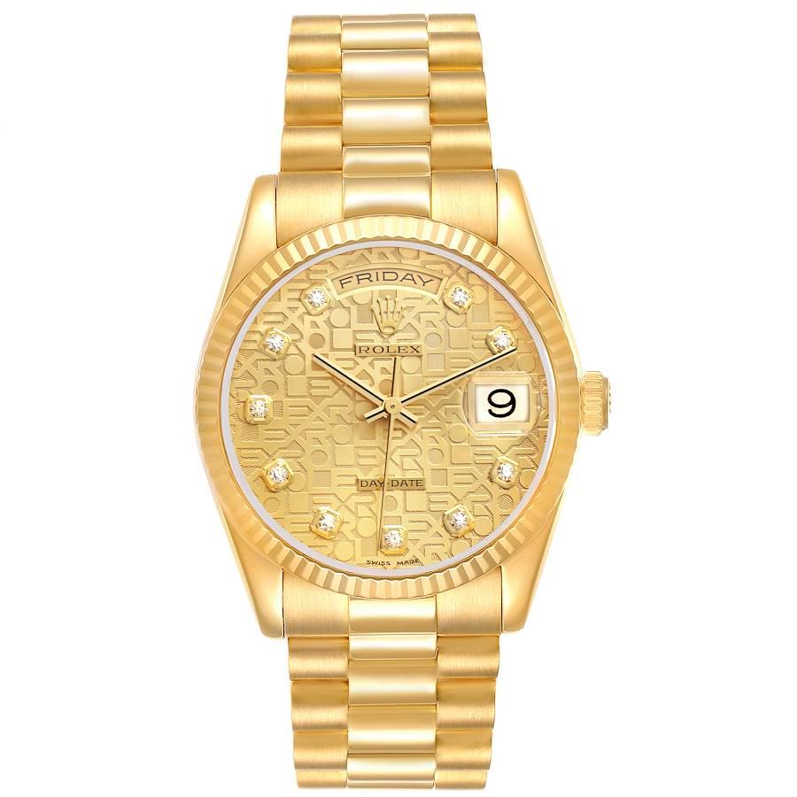 Rolex President Day-Date Montre homme en or jaune avec cadran à diamants 118238. Mouvement à remontage automatique certifié officiellement chronomètre. Double fonction de réglage rapide. Boîtier en or jaune 18 carats d'un diamètre de 36,0 mm. Logo