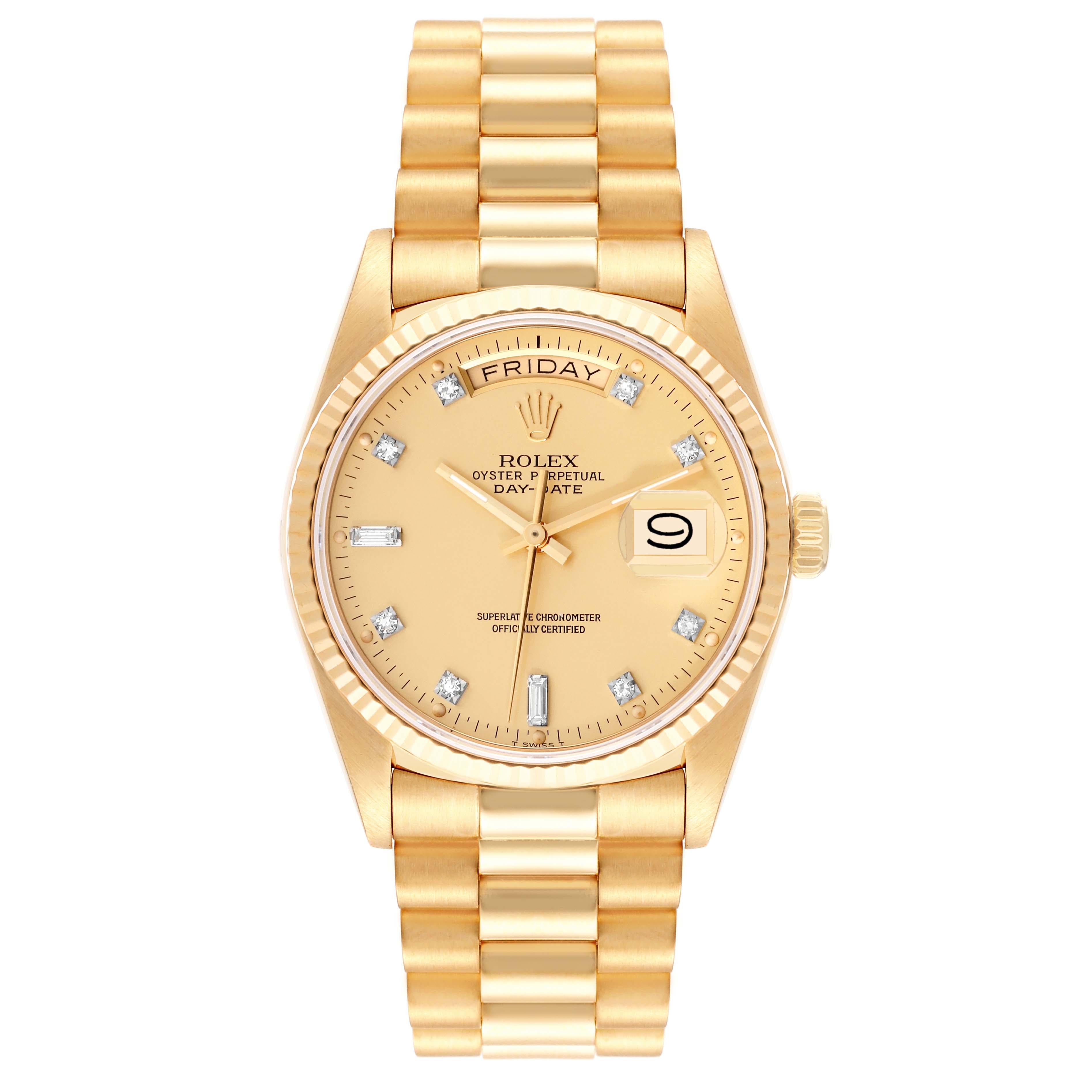 Rolex President Day-Date Yellow Gold Diamond Dial Mens Watch 18038. Officially certified chronometer automatic self-winding movement. 18k yellow gold oyster case 36 mm in diameter. Rolex logo on a crown. 18K yellow gold fluted bezel. Scratch