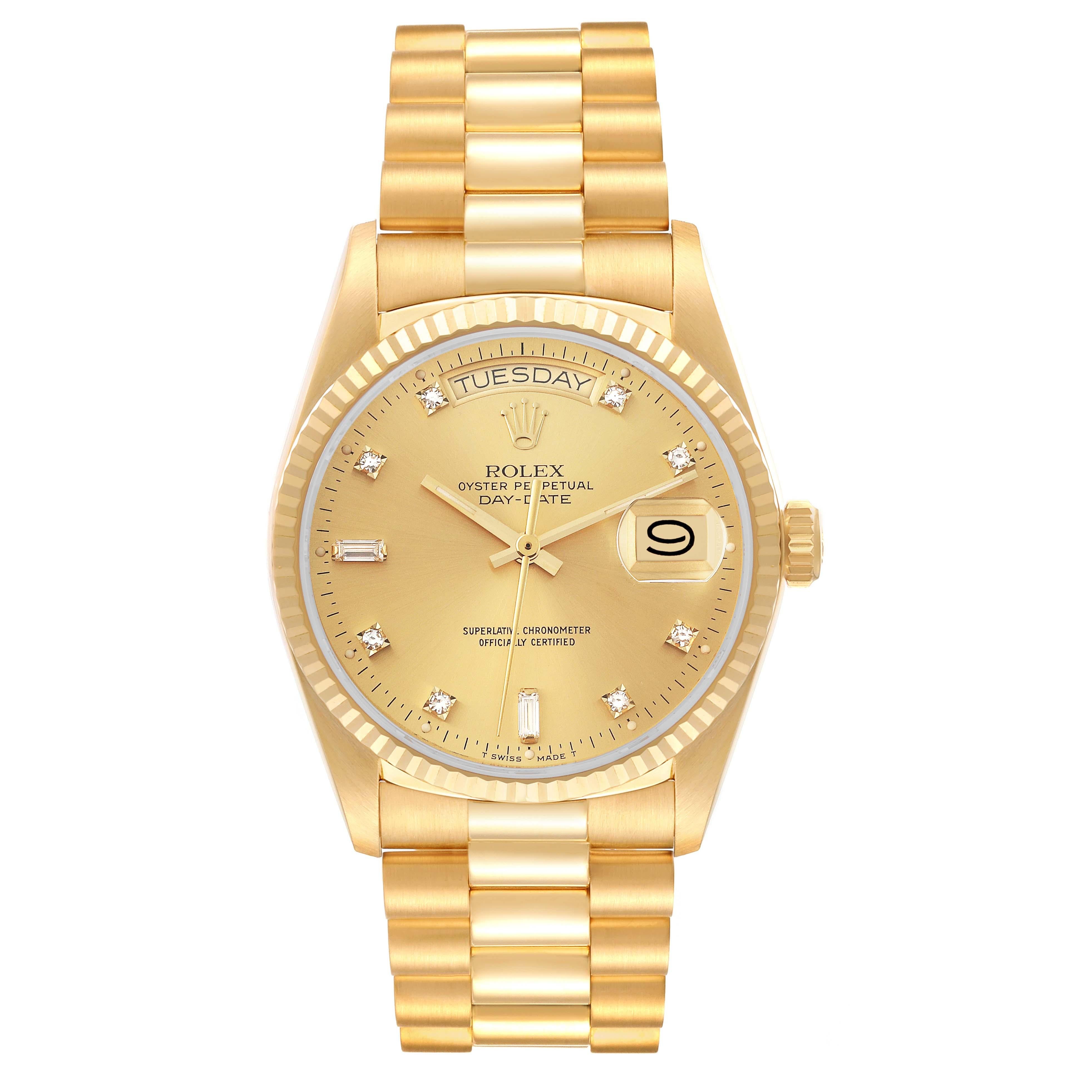Rolex President Day-Date Yellow Gold Diamond Dial Mens Watch 18038 In Good Condition For Sale In Atlanta, GA
