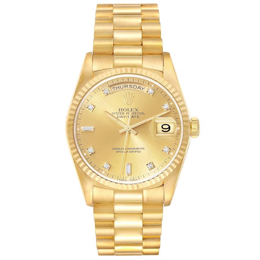 Rolex President Day-Date Yellow Gold Diamond Dial Mens Watch 18238 Box Papers. Officially certified chronometer automatic self-winding movement. 18k yellow gold oyster case 36.0 mm in diameter. Rolex logo on the crown. 18K yellow gold fluted bezel.