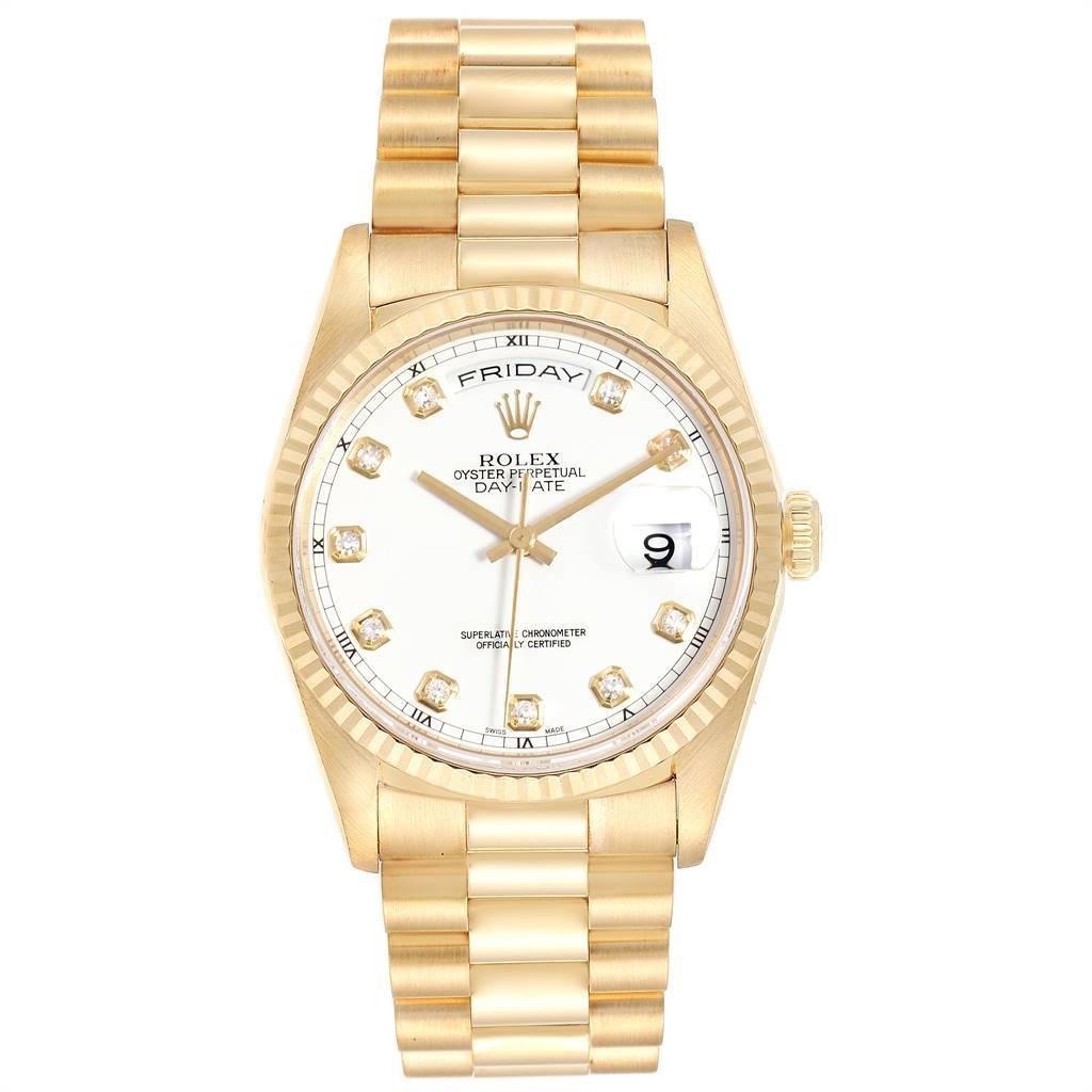 Rolex President Day-Date Yellow Gold Diamond Dial Mens Watch 18238. Officially certified chronometer self-winding movement. Double quick set function. 18k yellow gold oyster case 36.0 mm in diameter. Rolex logo on a crown. 18K yellow gold fluted