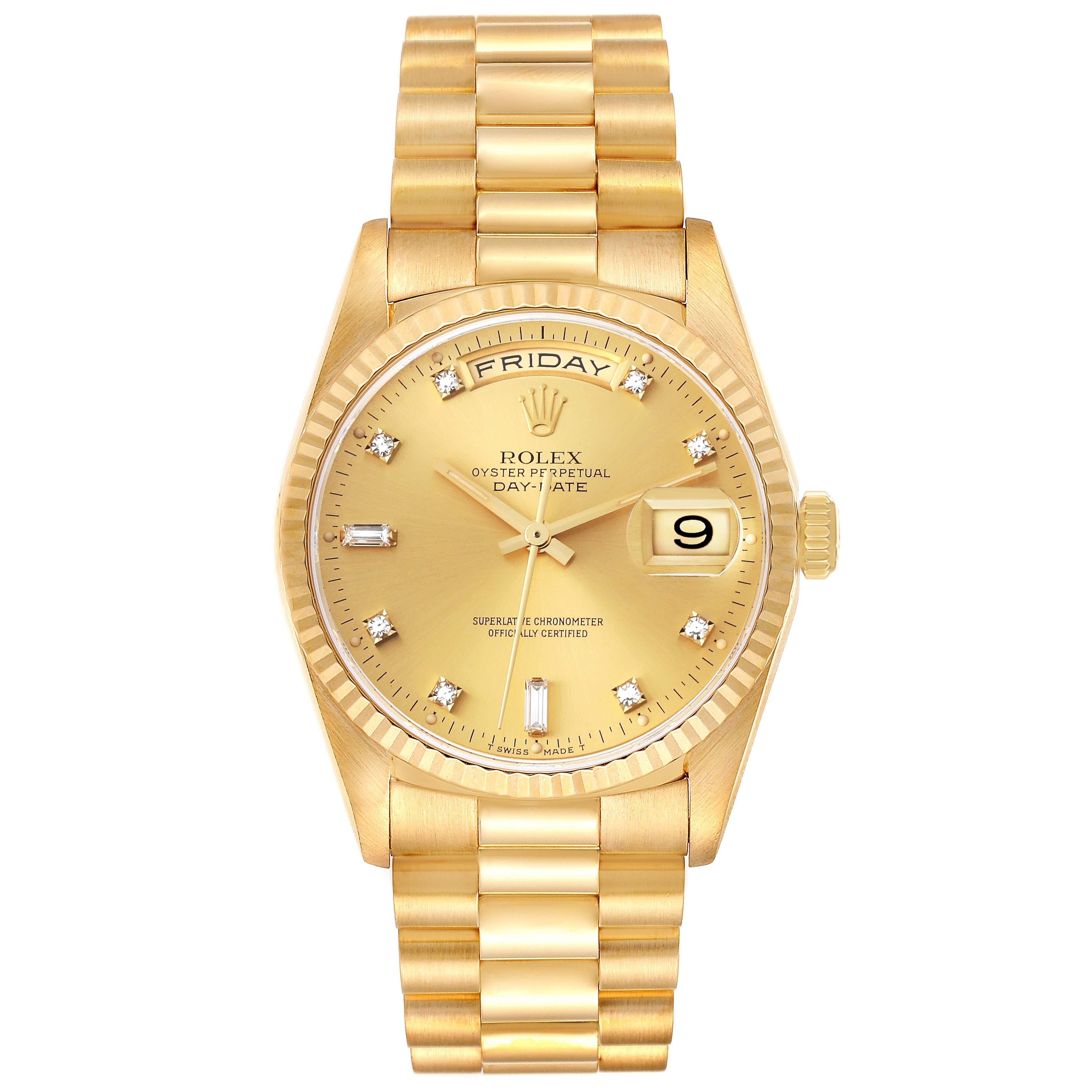 Rolex President Day-Date Yellow Gold Diamond Dial Mens Watch 18238. Officially certified chronometer automatic self-winding movement. 18k yellow gold oyster case 36.0 mm in diameter. Rolex logo on the crown. 18K yellow gold fluted bezel. Scratch