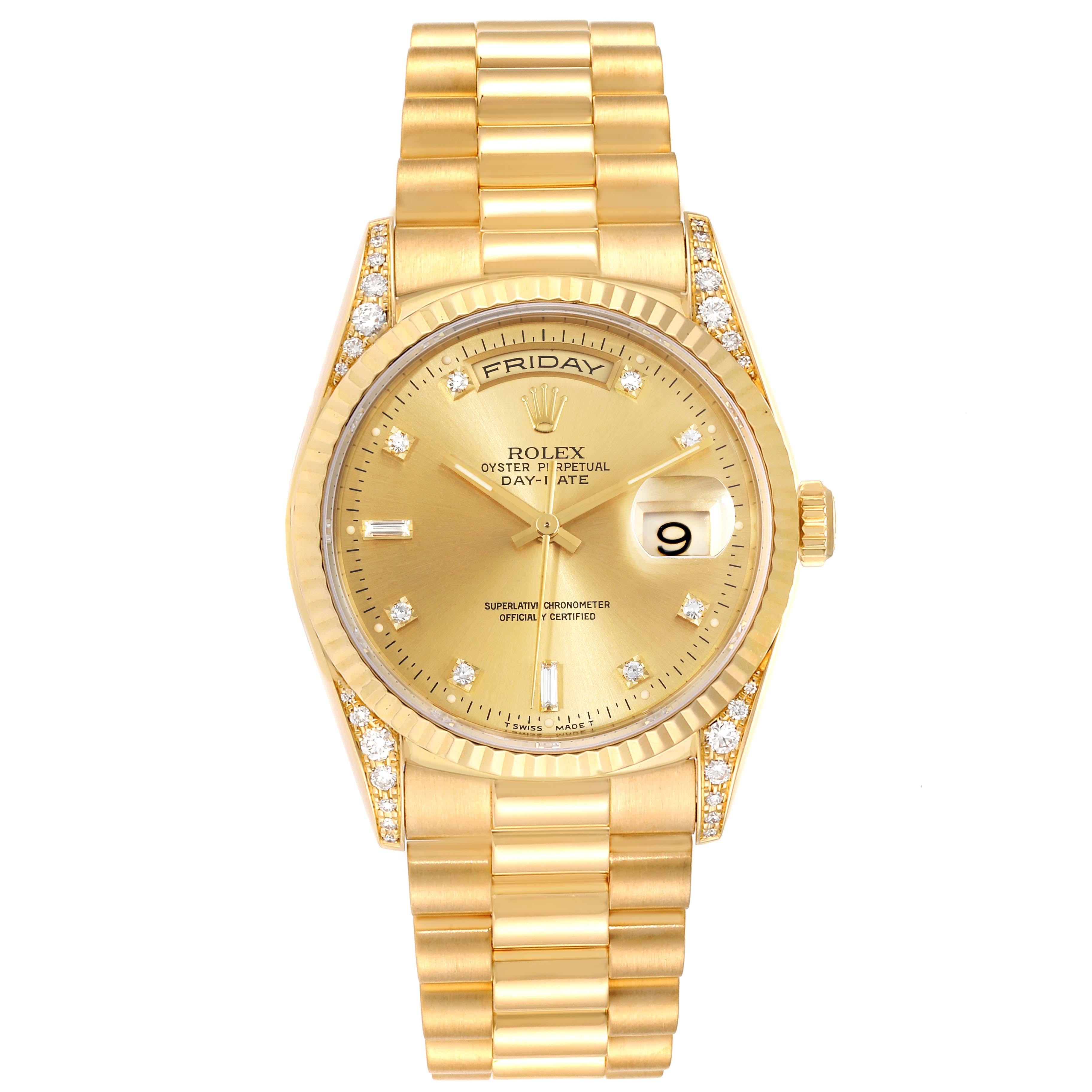 Rolex President Day Date Yellow Gold Diamond Lugs Watch 118338 Box Papers. Officially certified chronometer self-winding movement. 18k yellow gold oyster case 36.0 mm in diameter. Rolex logo on a crown. Original Rolex factory diamond lugs. 18K