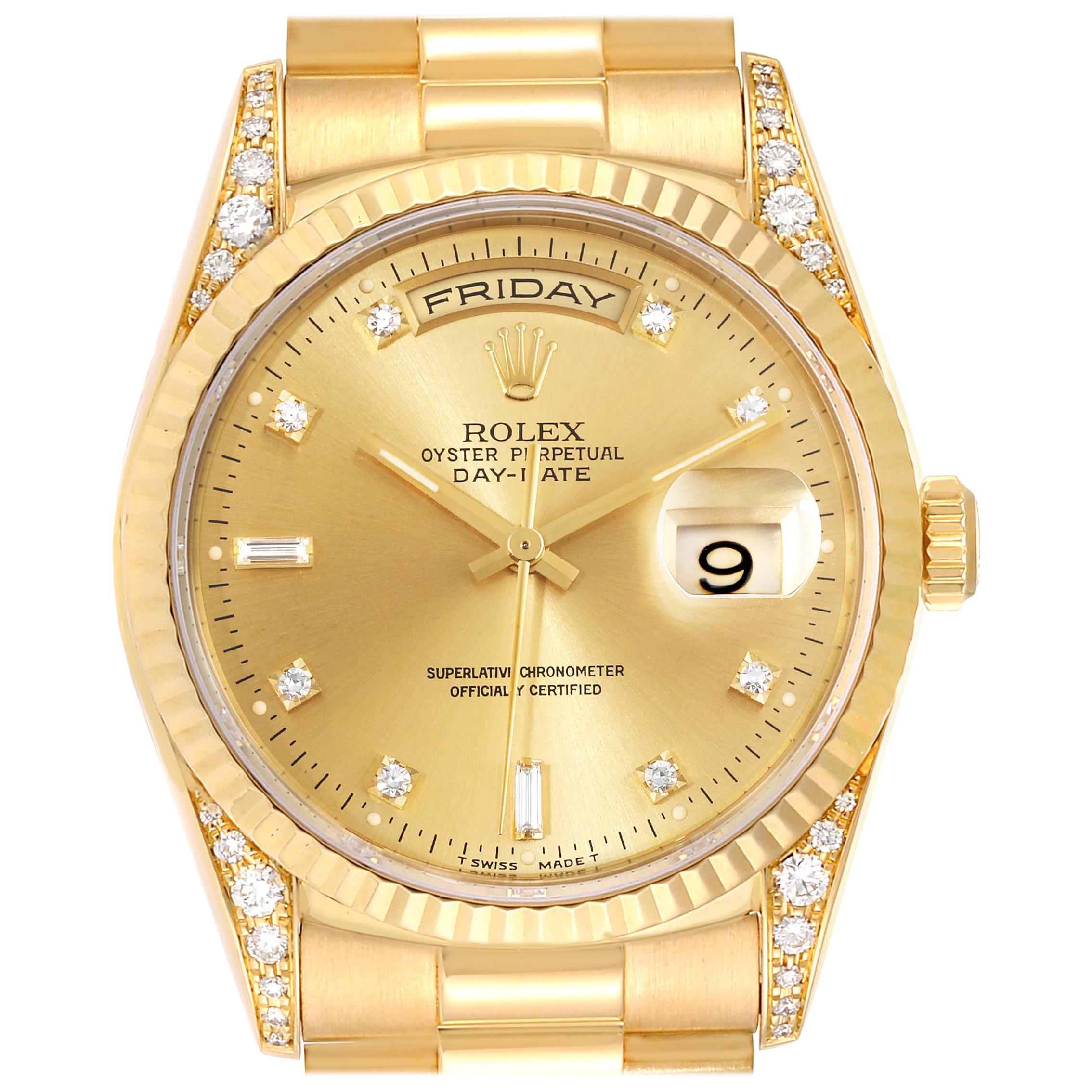 Rolex President Day Date Yellow Gold Diamond Lugs Watch 118338 Box Papers