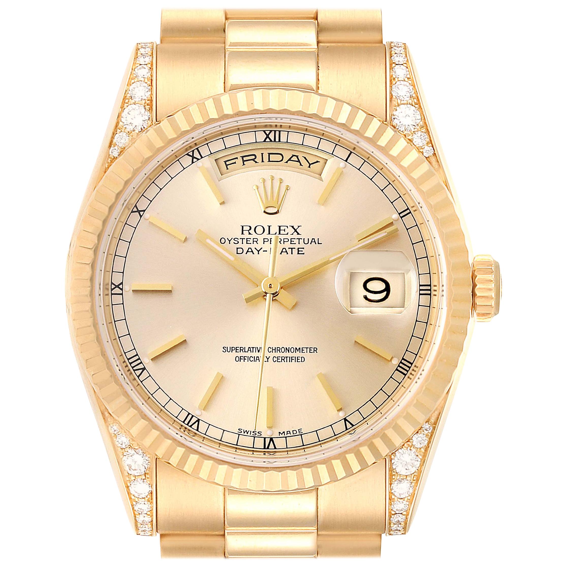 Rolex President Day Date Yellow Gold Diamond Lugs Watch 118338 Box Papers For Sale