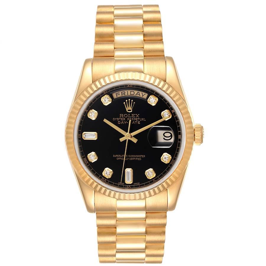 Rolex President Day Date Yellow Gold Diamond Mens Watch 118238 Box Papers. Officially certified chronometer self-winding movement. 18k yellow gold oyster case 36.0 mm in diameter. Rolex logo on a crown. 18K yellow gold fluted bezel. Scratch