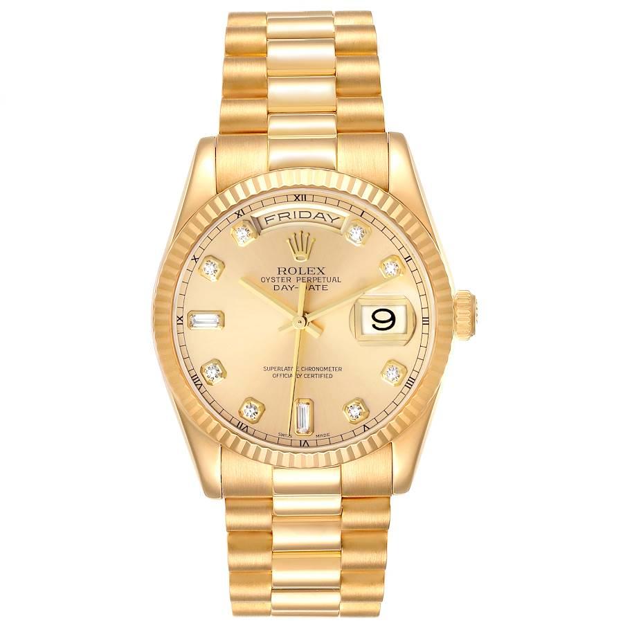 Rolex President Day Date Yellow Gold Diamond Mens Watch 118238 Box Papers. Officially certified chronometer self-winding movement. 18k yellow gold oyster case 36.0 mm in diameter. Rolex logo on a crown. 18K yellow gold fluted bezel. Scratch