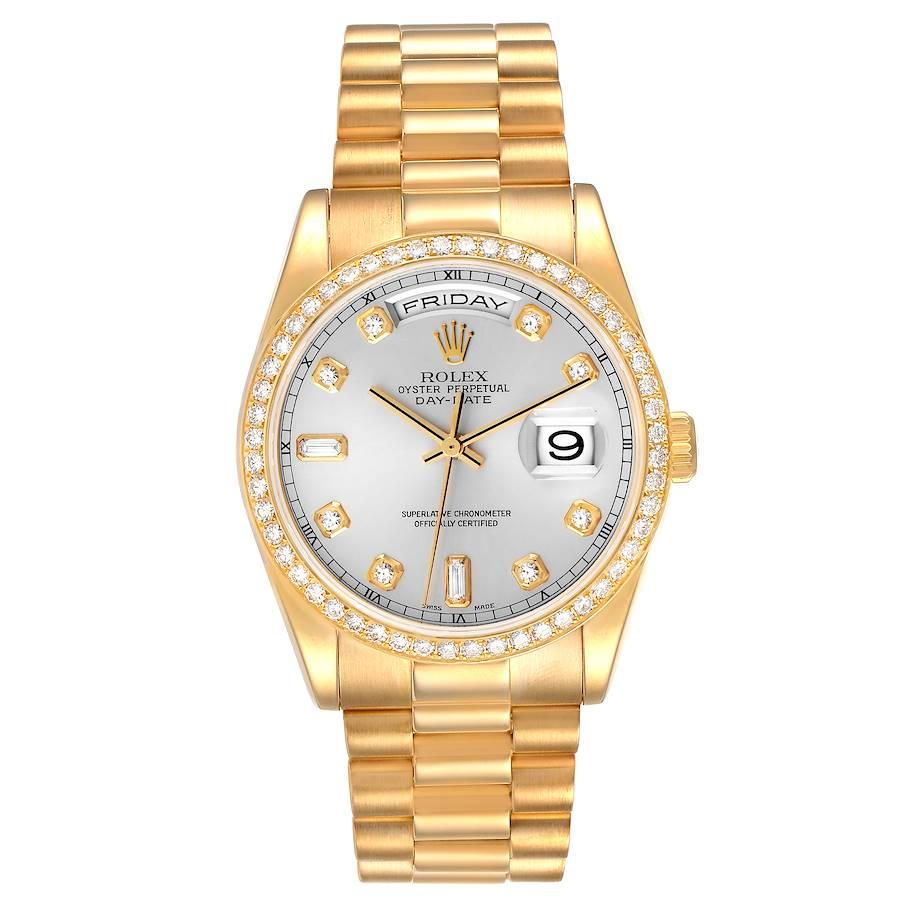 Rolex President Day Date Yellow Gold Diamond Mens Watch 118348 Box Papers. Officially certified chronometer self-winding movement. 18k yellow gold oyster case 36 mm in diameter. Rolex logo on a crown. Original Rolex 18K yellow gold diamond bezel.