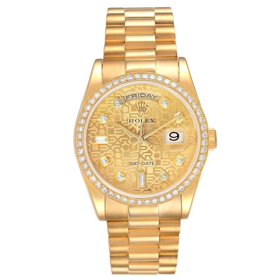 Rolex President Day Date Yellow Gold Diamond Mens Watch 118348. Officially certified chronometer self-winding movement. 18k yellow gold oyster case 36 mm in diameter. Rolex logo on a crown. Original Rolex 18K yellow gold diamond bezel. Scratch