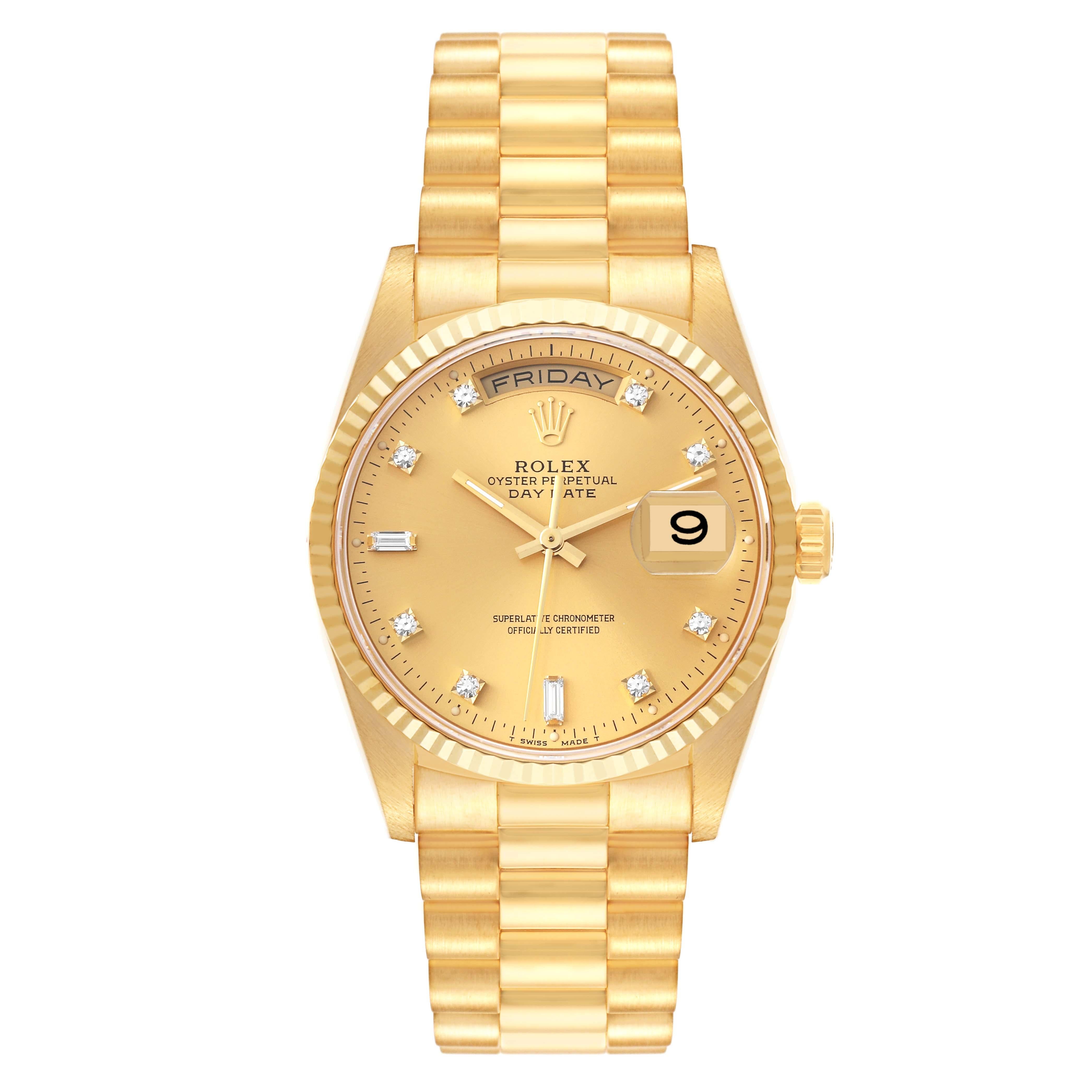 Rolex President Day-Date Yellow Gold Diamond Mens Watch 18238 Box Papers. Officially certified chronometer automatic self-winding movement. 18k yellow gold oyster case 36.0 mm in diameter. Rolex logo on the crown. 18K yellow gold fluted bezel.